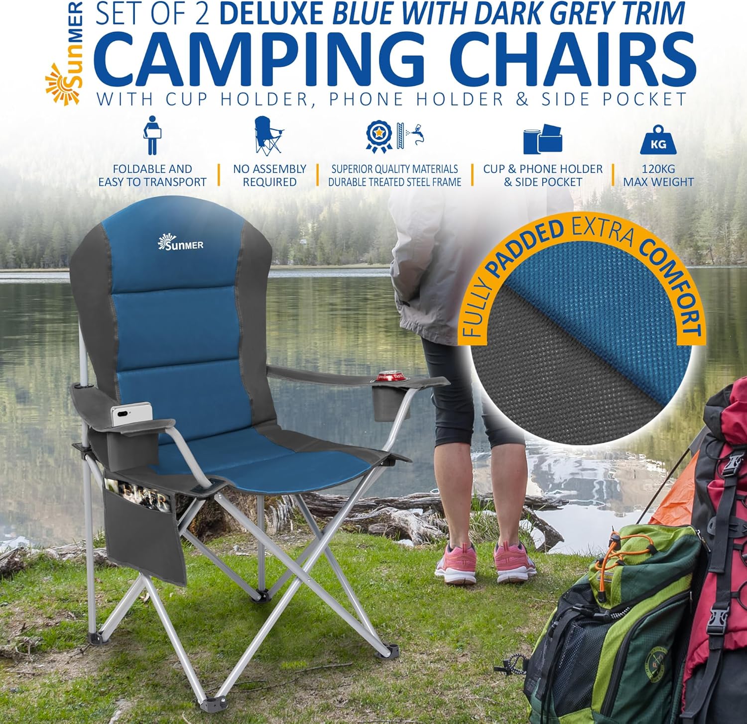 Detalle de SUNMER Padded Camping Chairs — Deluxe Folding Set of 2 with Cup Holders and Side Pockets