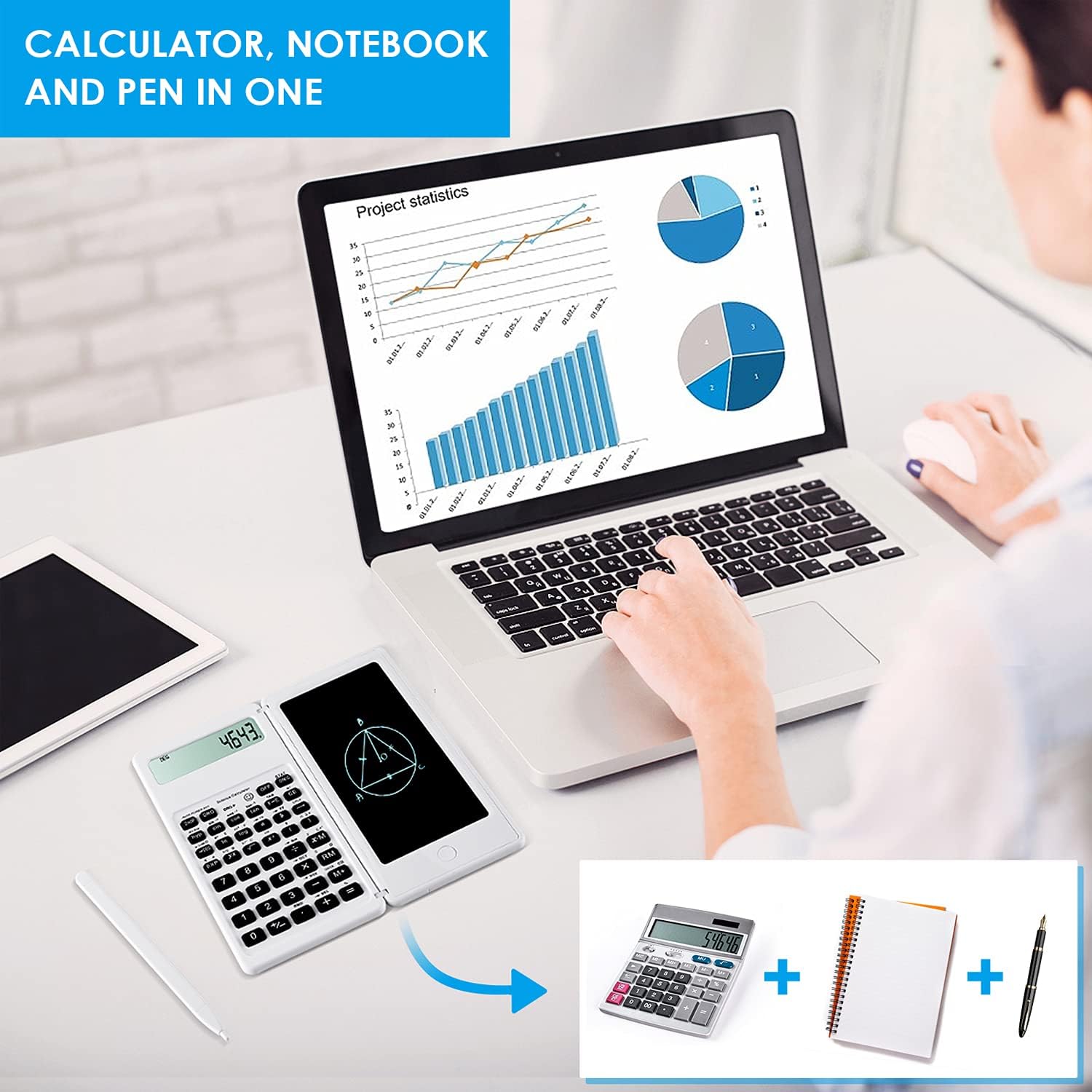 Detalle 2 de iPepul JSQ Scientific Calculator with Notepad, 10-Digit LCD, White