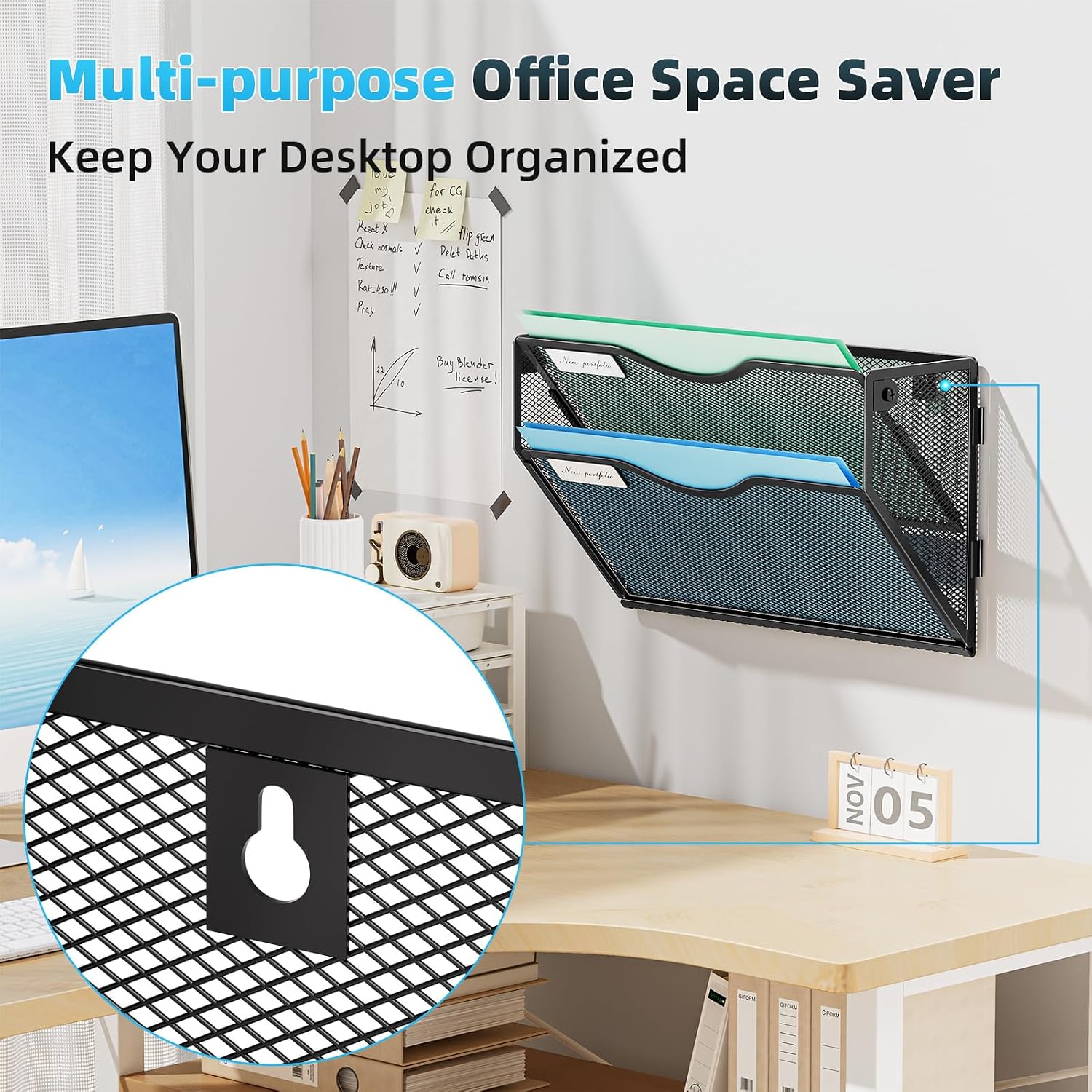 Detalle de Marbrasse 2 tier - Black Wall File Holder, 2-Tier Metal Mesh Organizer