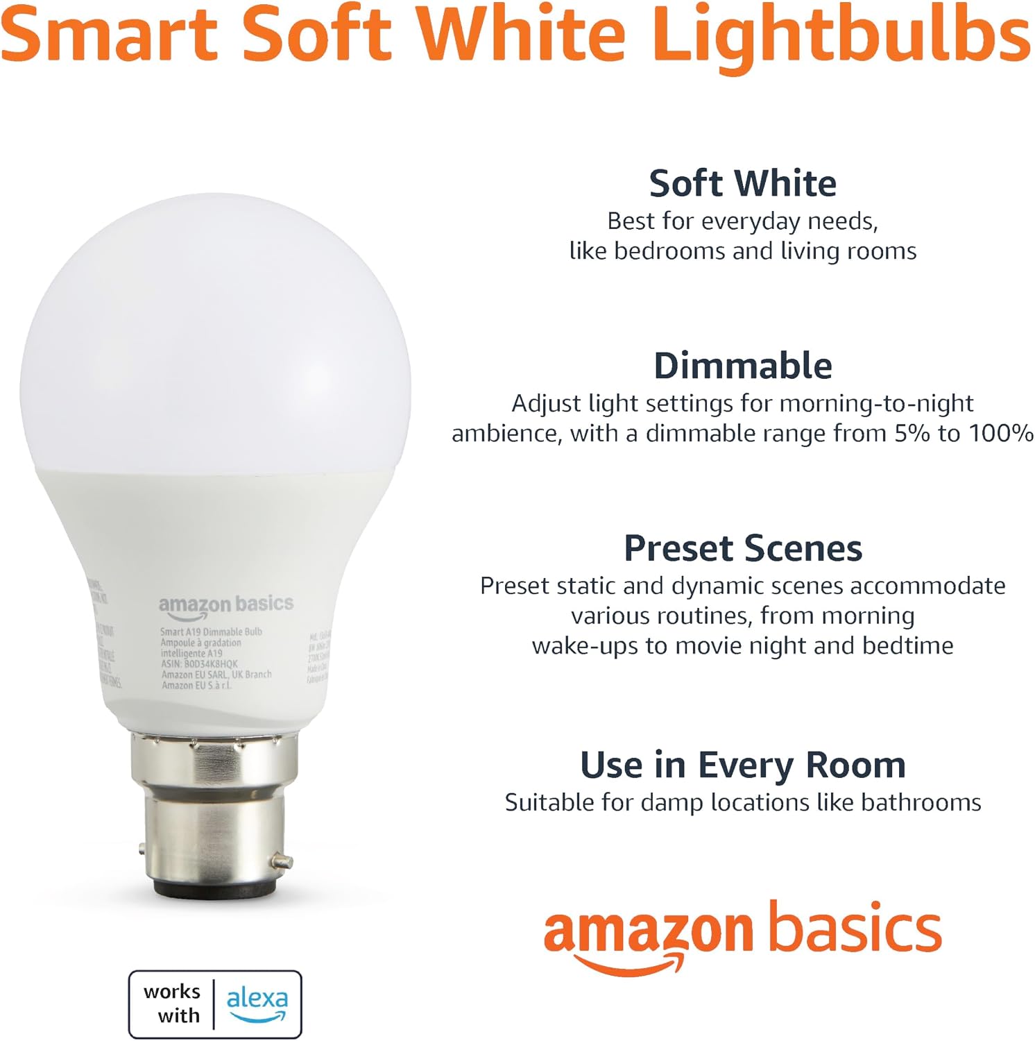 Thumbnail 1 de Amazon Basics Smart Dimmable LED Light Bulb, B22 Base, 8W (60W Equivalent) – Alexa Only