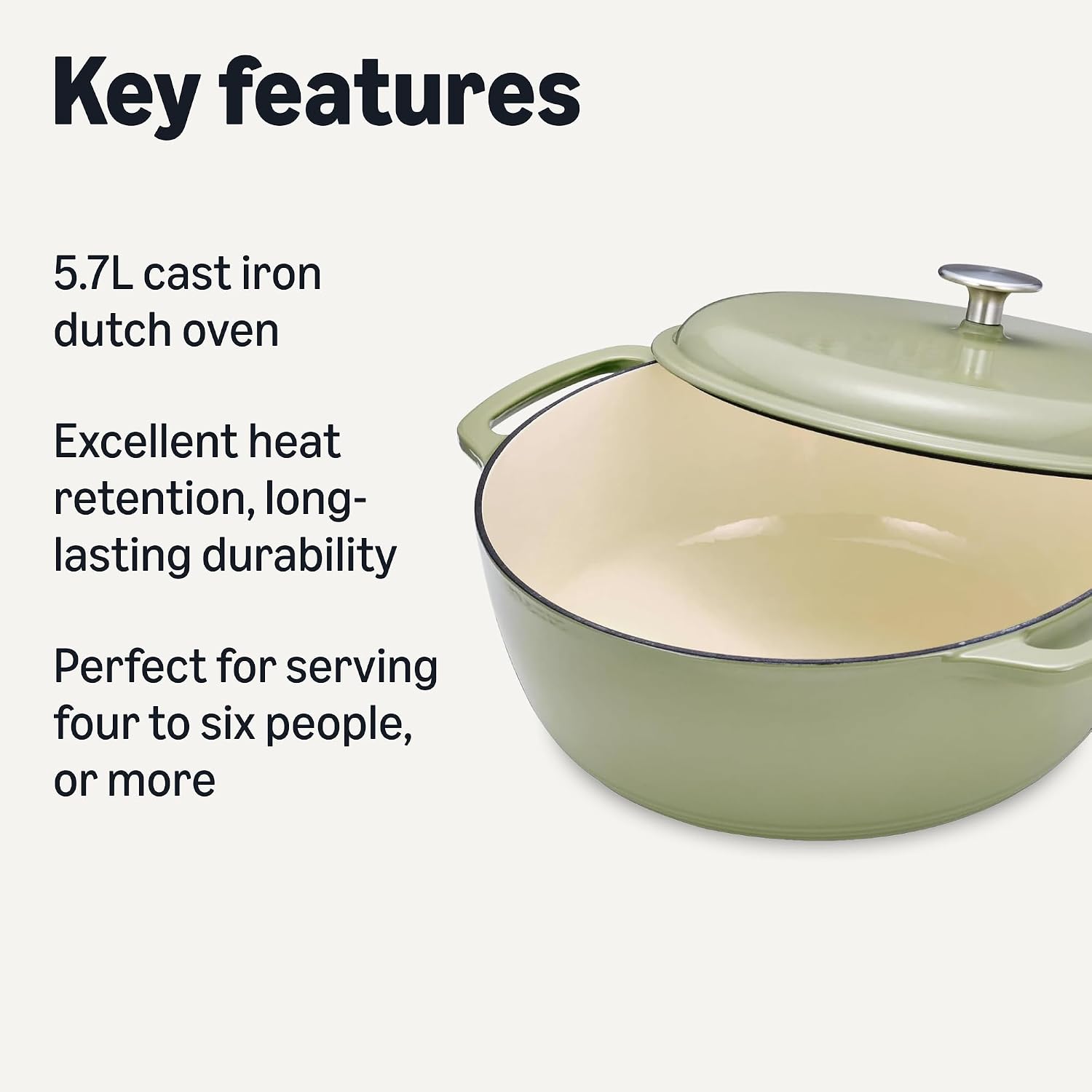 Detalle de Amazon Basics Cast Iron Casserole Dish with Lid, Enamelled, Olive, 5.7 L