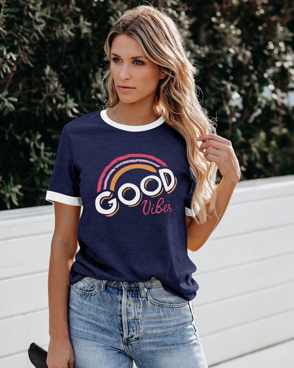 Thumbnail 1 de WIEIYM Women’s “Good Vibes” Rainbow Graphic T-Shirt (Short Sleeve, Round Neck) in S–XXL