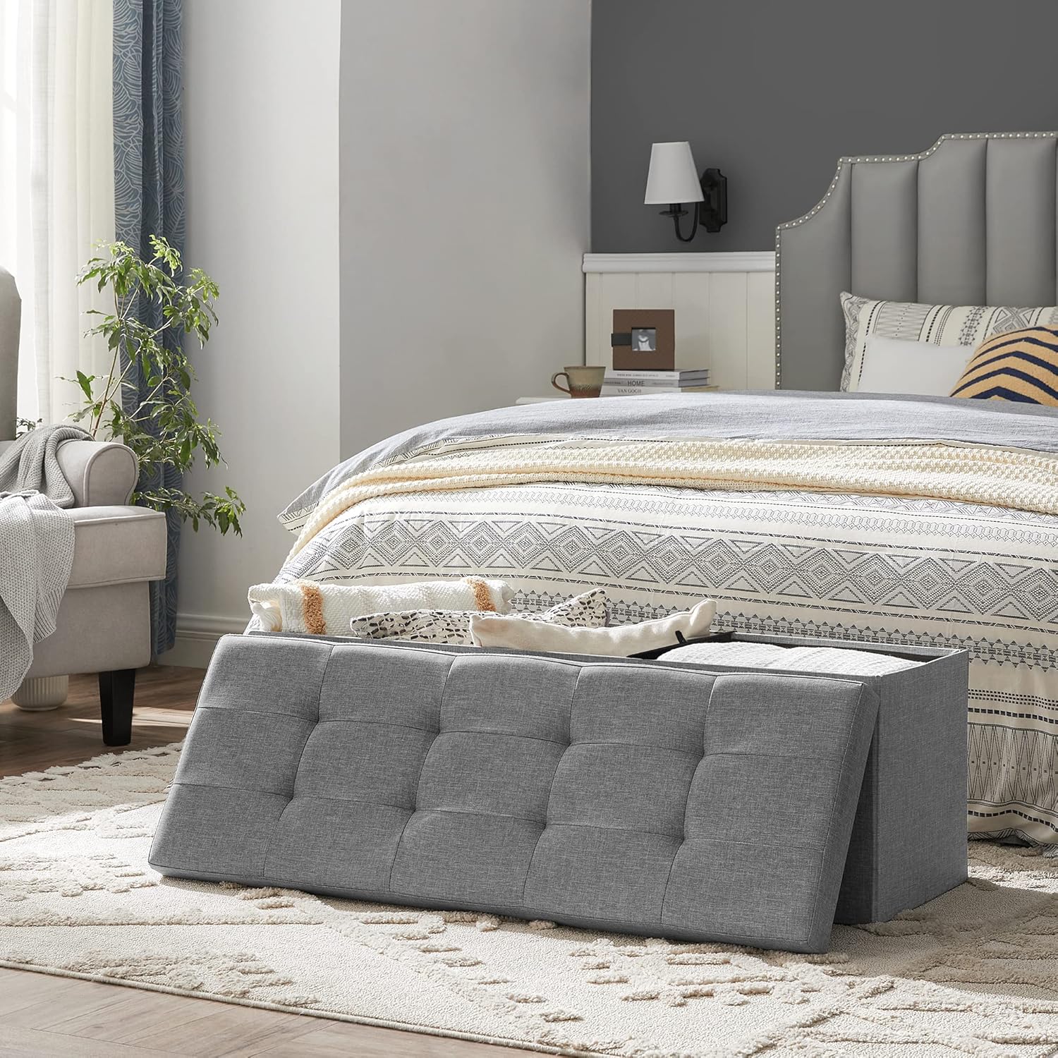 Detalle de SONGMICS MAZIE Collezione Cassapanca e Pouf Contenitore 38 x 110 x 38 cm – Grigio Chiaro