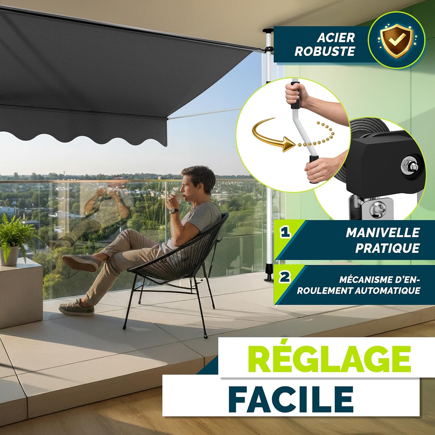 Thumbnail 4 de Tillvex Store Banne Manuel rétractable avec manivelle — Marquise de balcon 350 cm Gris