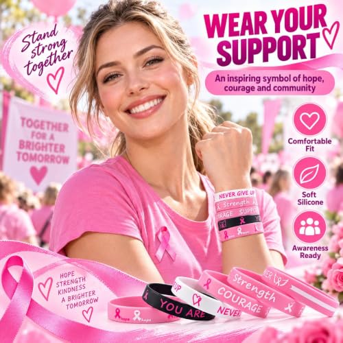 Detalle de OMFJAT Lot de 24 bracelets Octobre Rose en silicone, 6 modèles