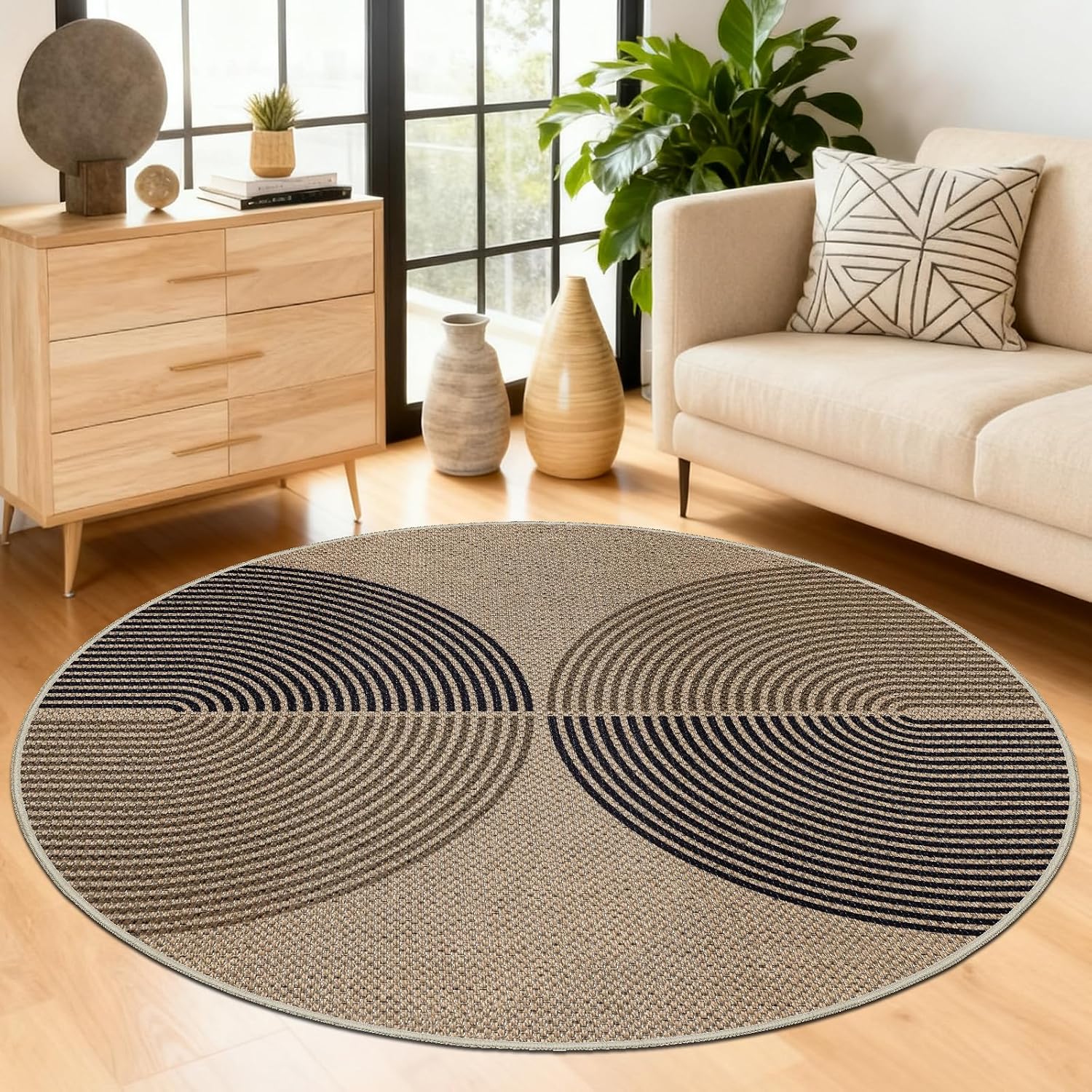 Detalle 1 de Capslpad rond tapijt 120 cm, jute-look, antislip en wasbaar, zwart-bruin
