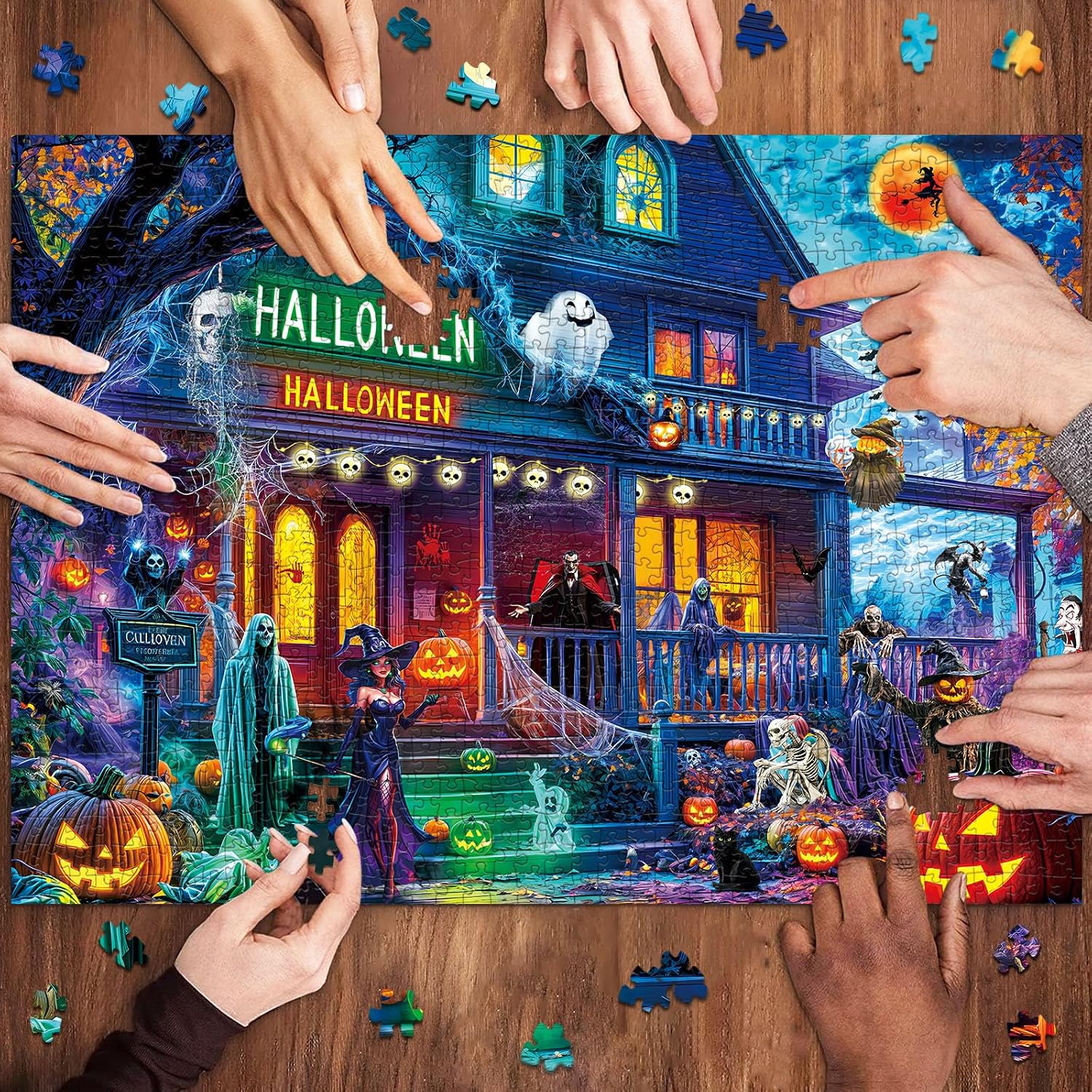 Detalle 2 de HUADADA Halloweenpussel med 1 000 bitar och motiv av ett gammalt hus