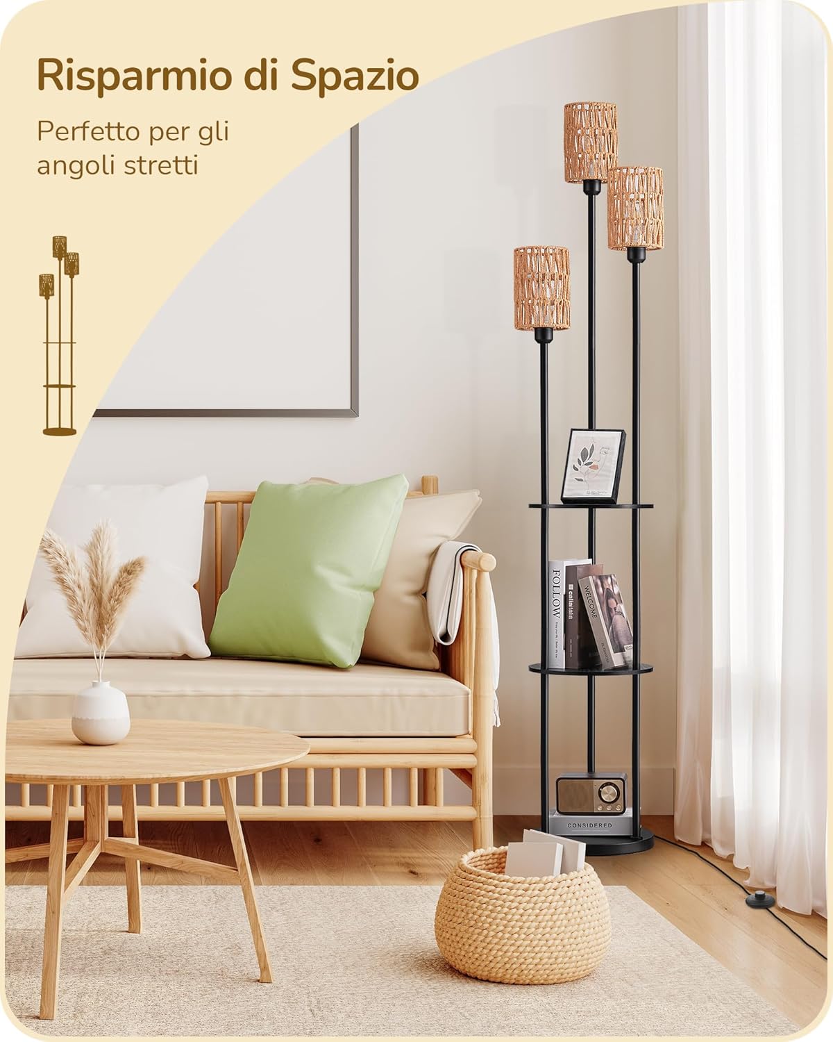 Detalle 2 de EDISHINE Lampada da Terra Boho Vintage con Mensola e Ripiano – Piantana 3 Luci E27