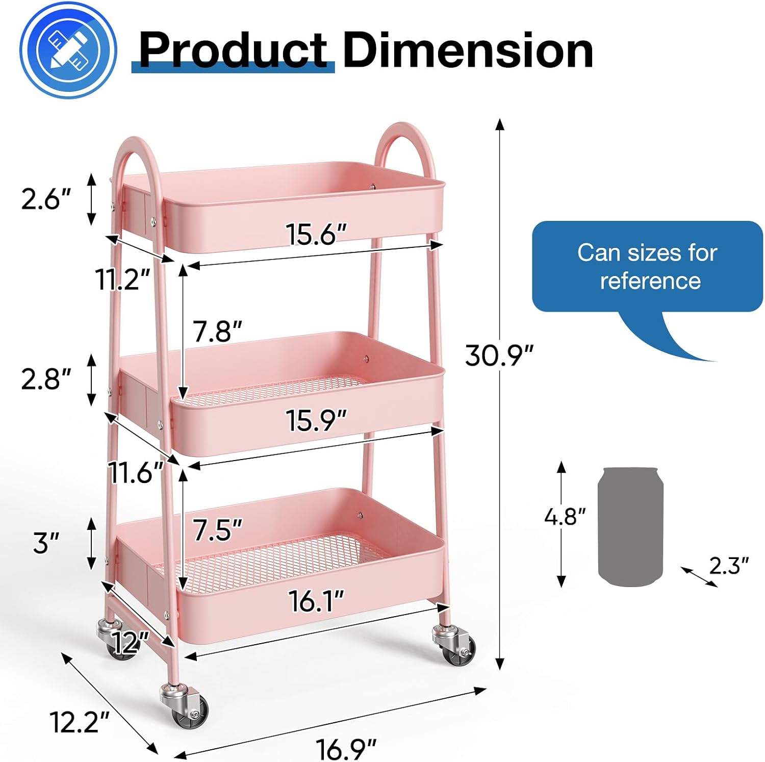 Detalle de OLIXIS Metal Rolling Storage Cart, 3-Tier