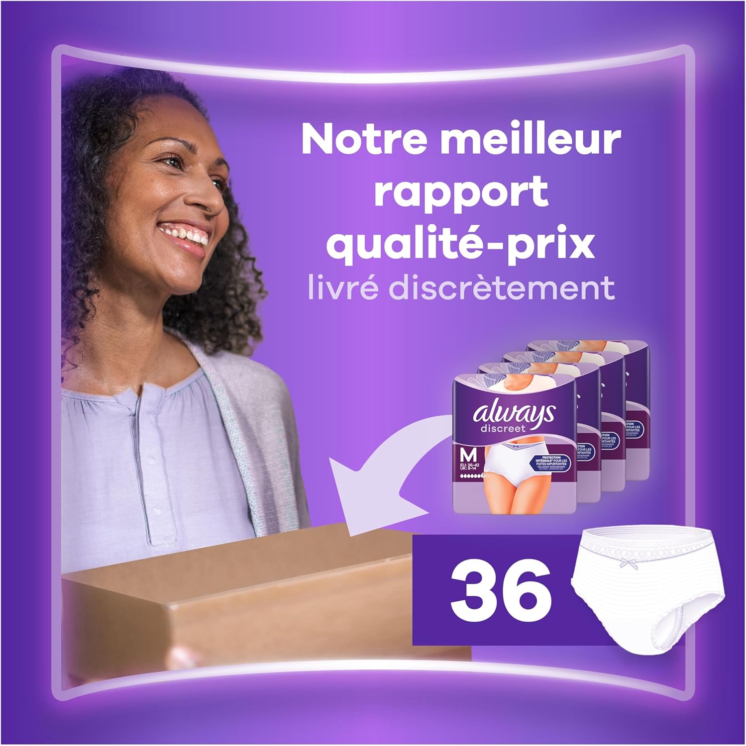 Detalle de Always Discreet 36 Culottes Incontinence Femme Plus, Taille M, Blanc – Protection Très Absorbante