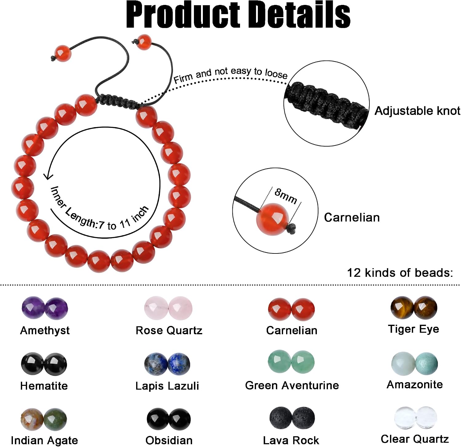 Thumbnail 5 de AWARDSEN Healing Crystal Bracelet for Women – 8mm Carnelian Beads, Adjustable Macrame