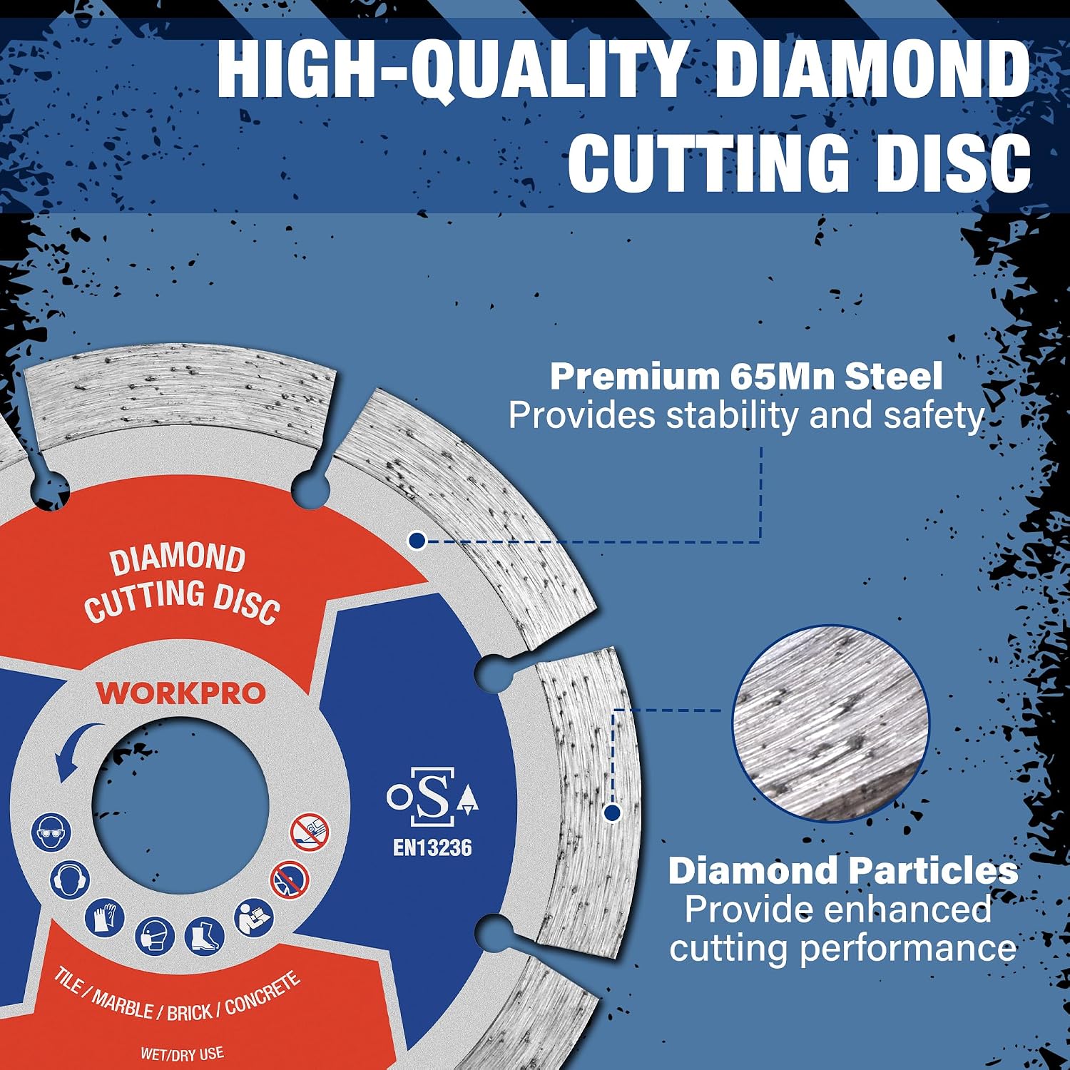 Detalle de WORKPRO 115 mm Diamond Cutting Disc (4.5") Segmented Blade for Angle Grinders – Concrete, Stone & Tile (1-Pack) – OSA Safety Certified