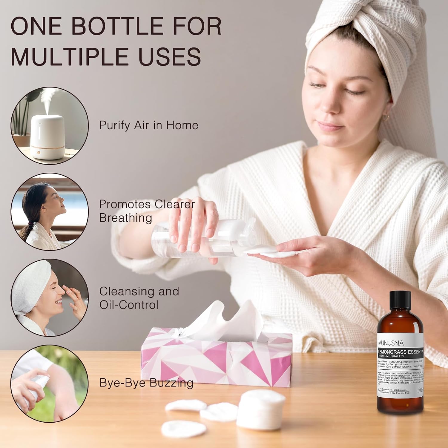 Detalle de MUNUSNA Lemongrass Essential Oil 100ml – Pure Lemongrass for Skin, Hair, Diffuser and Soap Making