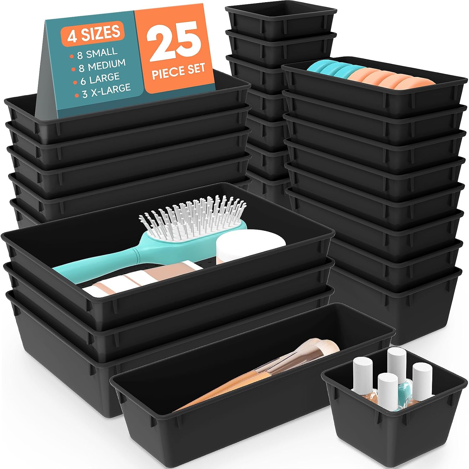 Detalle de WOWBOX 25-Piece Plastic Drawer Organizer Set, Deep Black, Stackable Bins