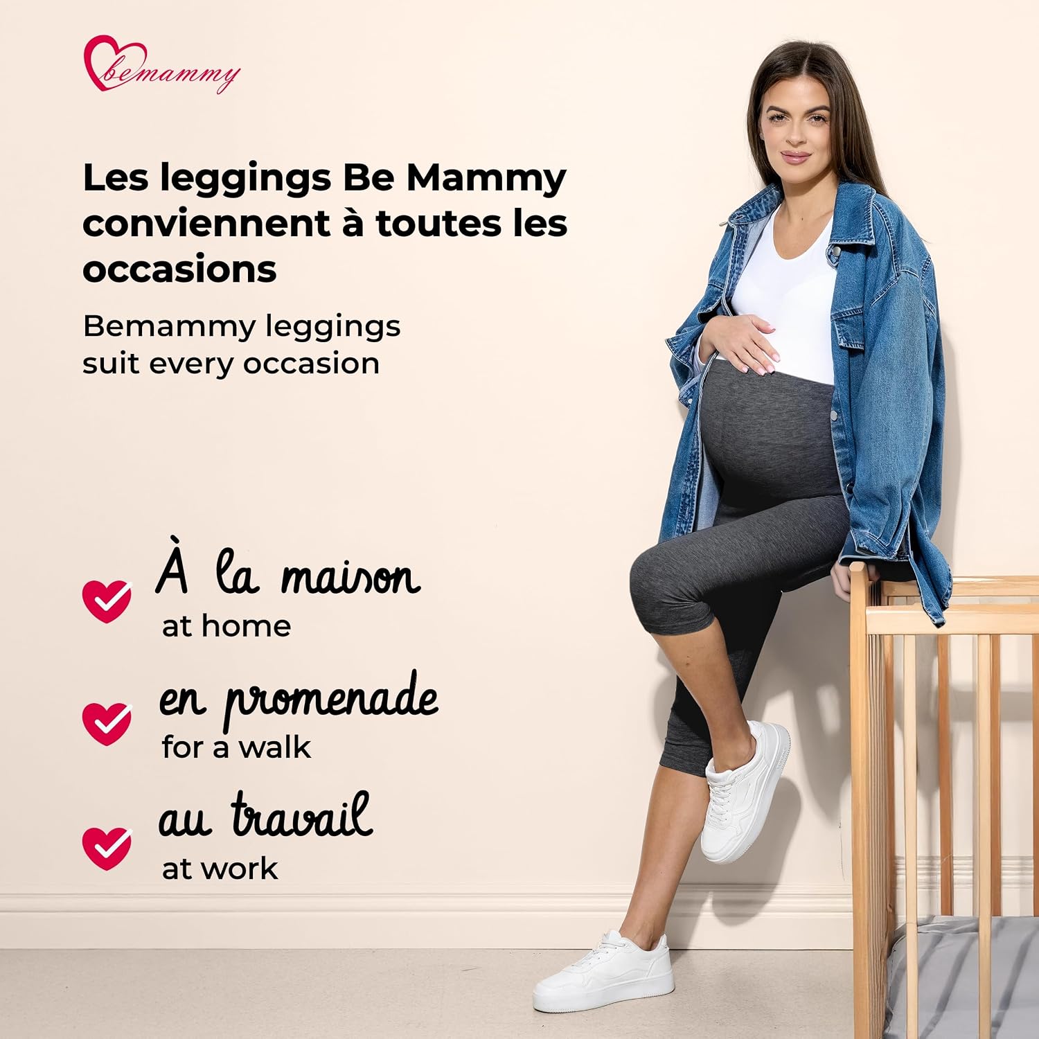 Detalle 2 de Be Mammy Leggings de maternité en coton 3/4 confortables et opaques