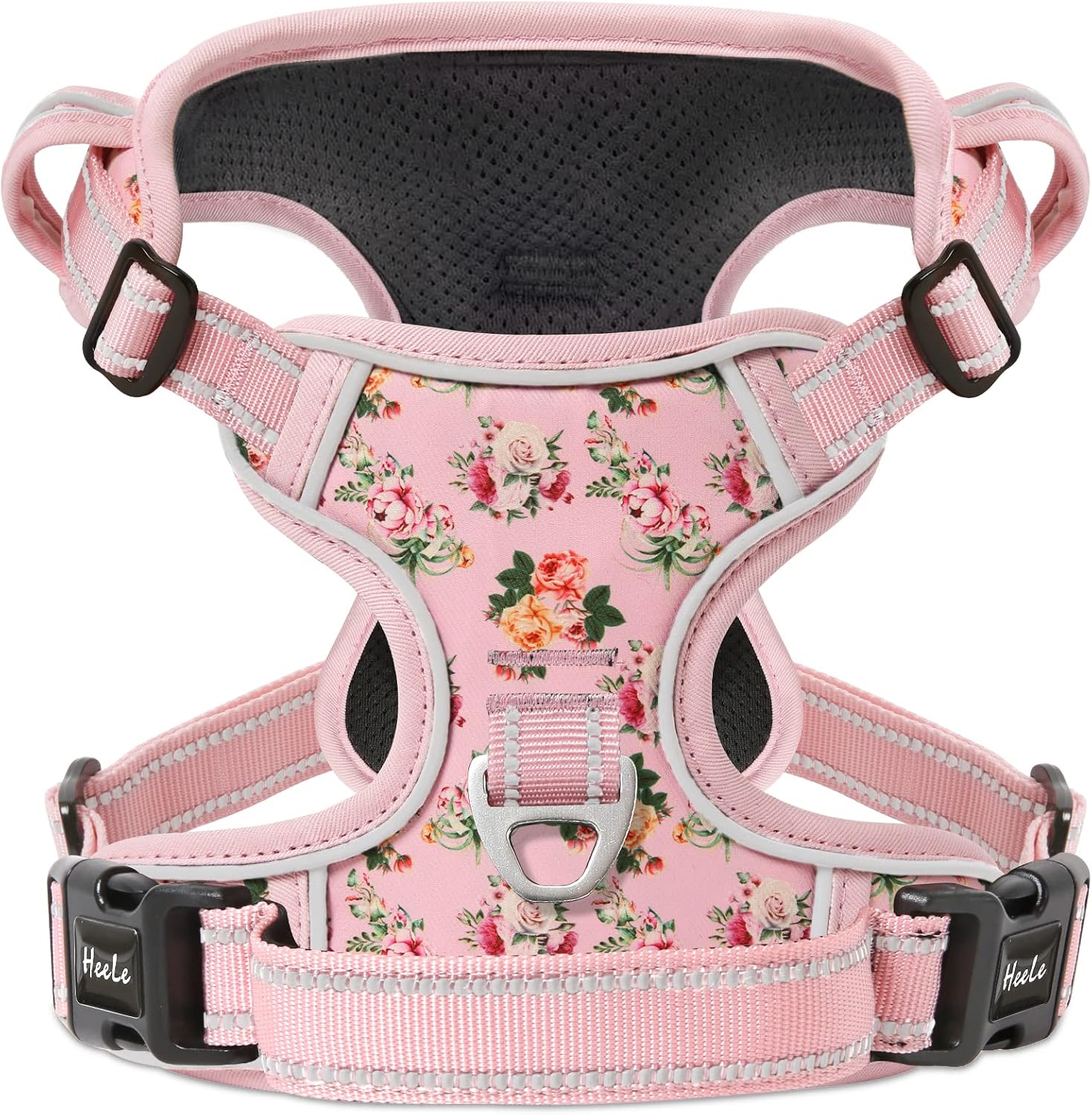 Detalle de HEELE Dog Harness for Small Dogs (No Pull) with Reflective Strips, Soft Padded Handle – Flower-Pink, Size S
