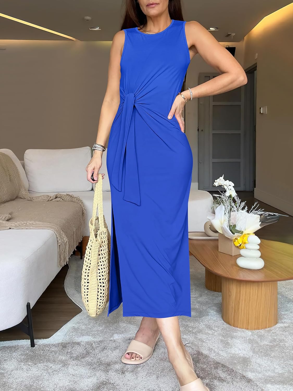 Detalle 2 de ANRABESS Womens Summer Casual Sleeveless T Shirt Midi Dress – Slim Fit, Tie Waist, Beach-Ready Sundress