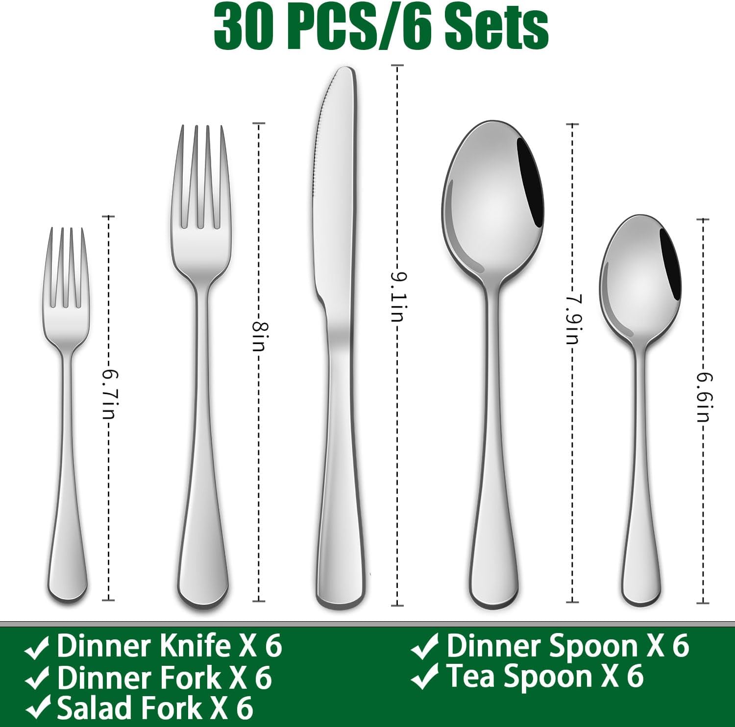 Detalle 2 de DEHOV T1010 30-Piece Stainless Steel Flatware Set for 6, Mirror-Polished