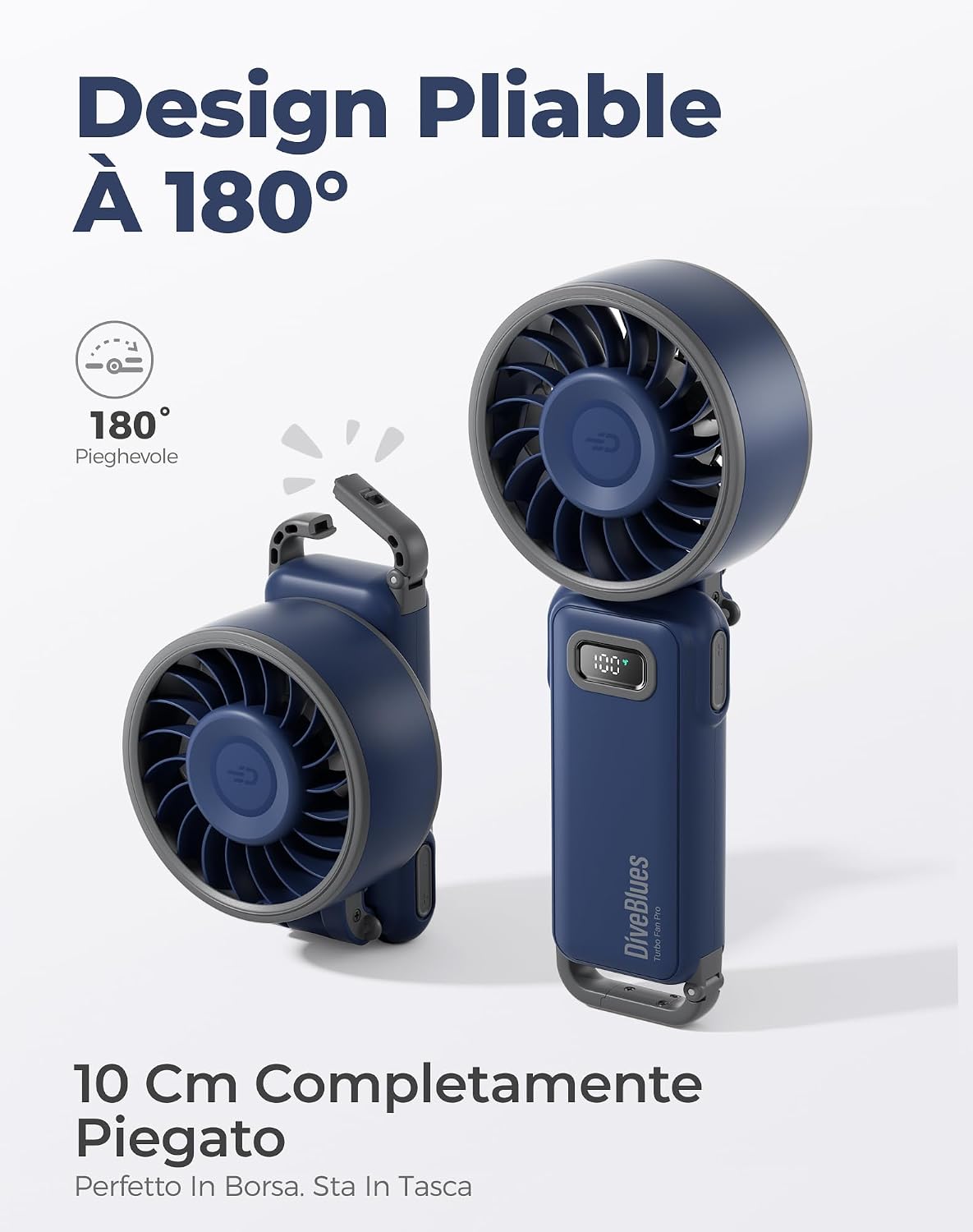 Detalle de Diveblues Mini Ventilatore Portatile a Mano: 4-in-1, USB-C, 6700 RPM e 12 Ore di Autonomia