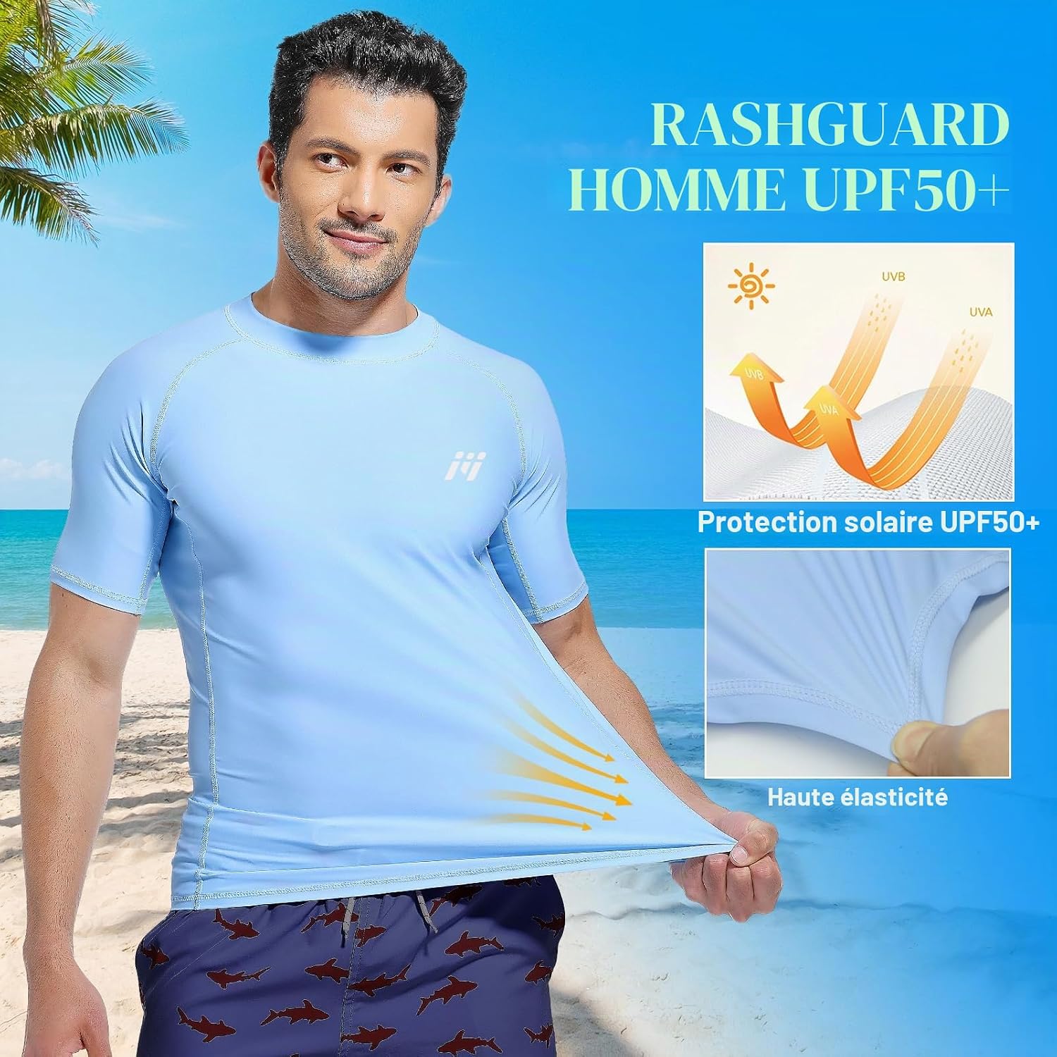 Detalle de MEETWEE Rashguard Anti-UV Homme – UPF 50+ à manches courtes/longues, séchage rapide