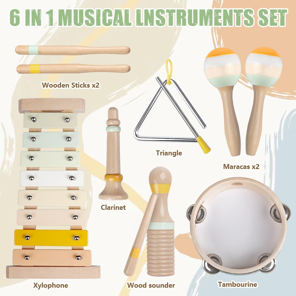 Thumbnail 1 de Baby Musical Instruments Montessori Wooden Toys Set (Neutral Colors) with Xylophone for Toddlers 1–3