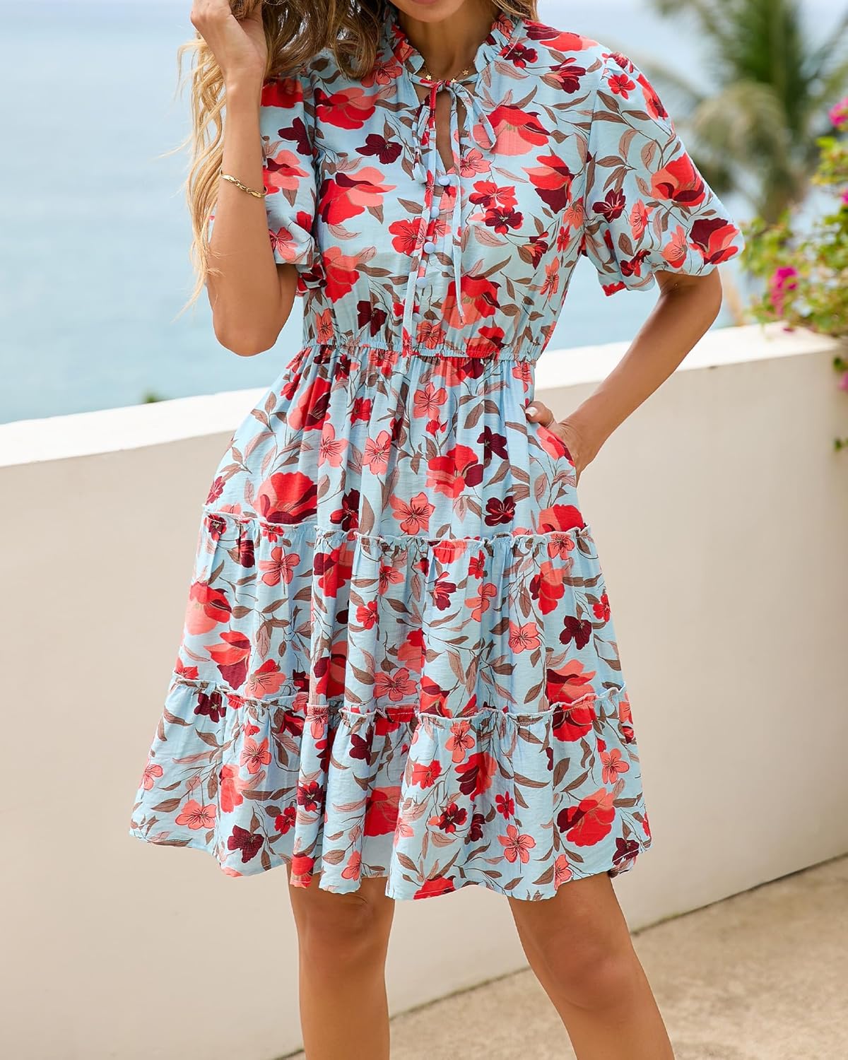 Thumbnail 2 de BTFBM Women Summer Floral Short Dresses: V-Neck A-Line Boho Mini for Warm-W weather