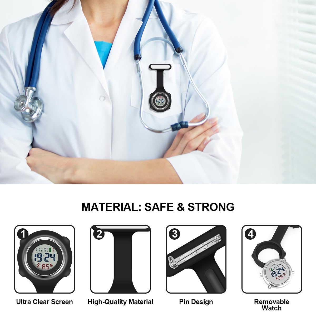 Detalle de Vicloon Orologio da Infermiere 3Pcs in Silicone con Clip – Orologi da tasca per infermieri e personale medico