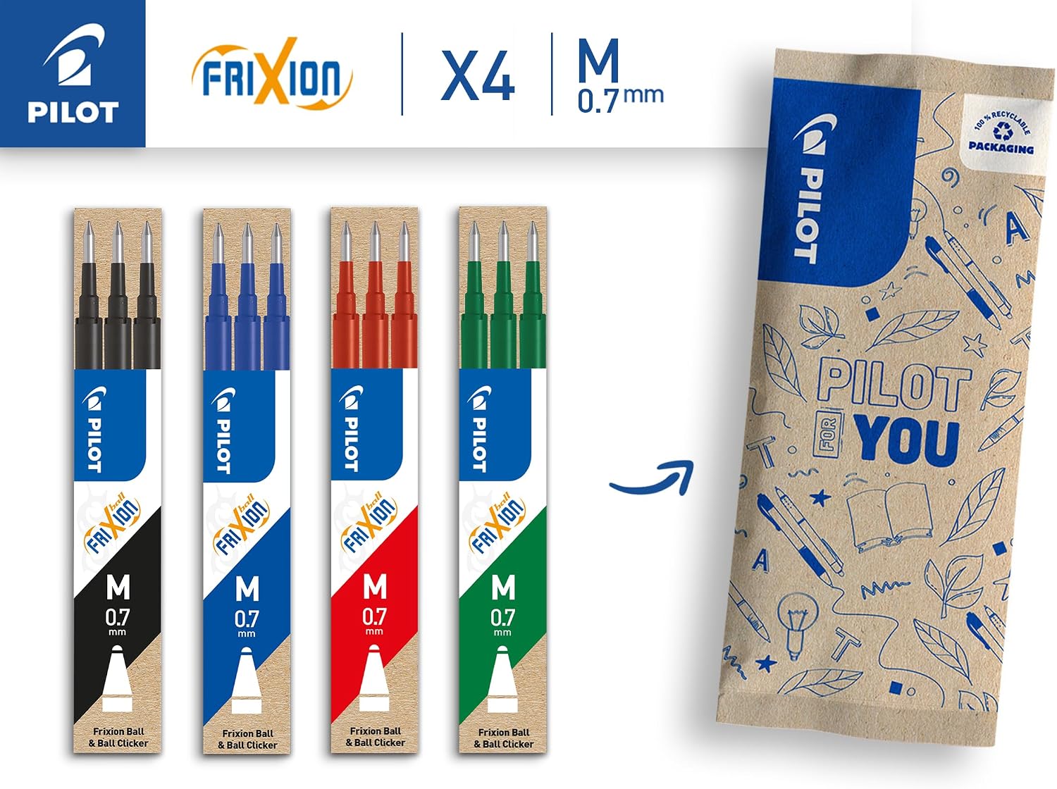 Detalle 2 de PILOT Caja de 4 set de 3 Recambios FriXion para Ball y Ball Clicker – Azul/Negro/Verde/Rojo (Punta Media, 0,7 mm)