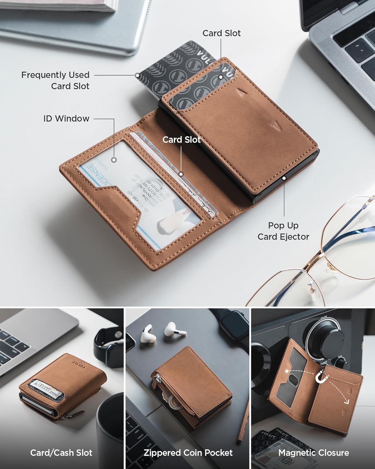 Detalle de VULKIT Men’s Card Holder with Sliding Ejector, RFID Blocking & Zipper Coin Pocket