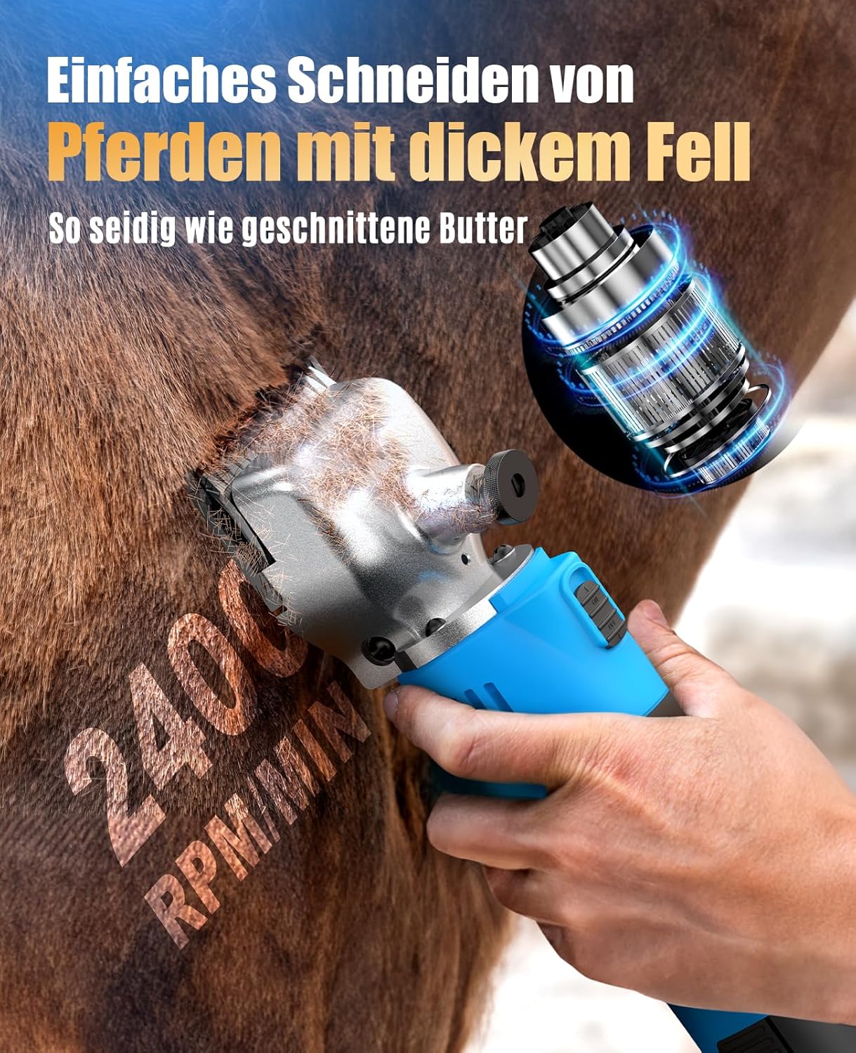 Detalle de oneisall Schermaschine Pferd 2 Akkus – kabellose Pferde-Schermaschine für dickes und verfilztes Haar (2400 PRM/min)