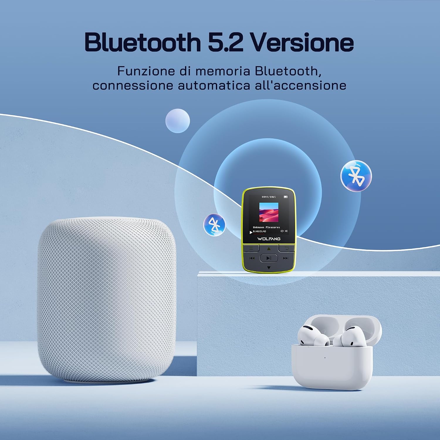 Detalle de Lettore MP3 WOLFANG con Bluetooth 5.2 e clip sportiva: compatto, versatile e pensato per chi è sempre in movimento