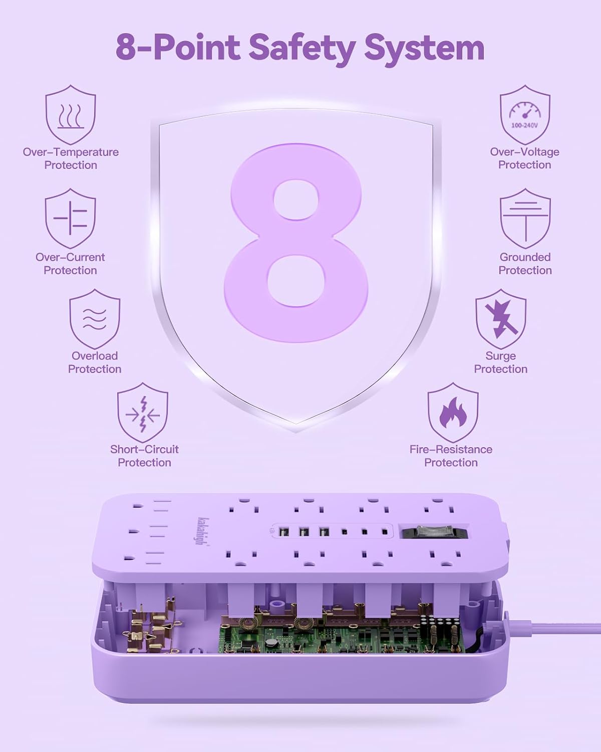 Thumbnail 4 de kakahigh 808 Purple Power Strip, 11 Outlets, 6 USB Ports, 5 ft Cord