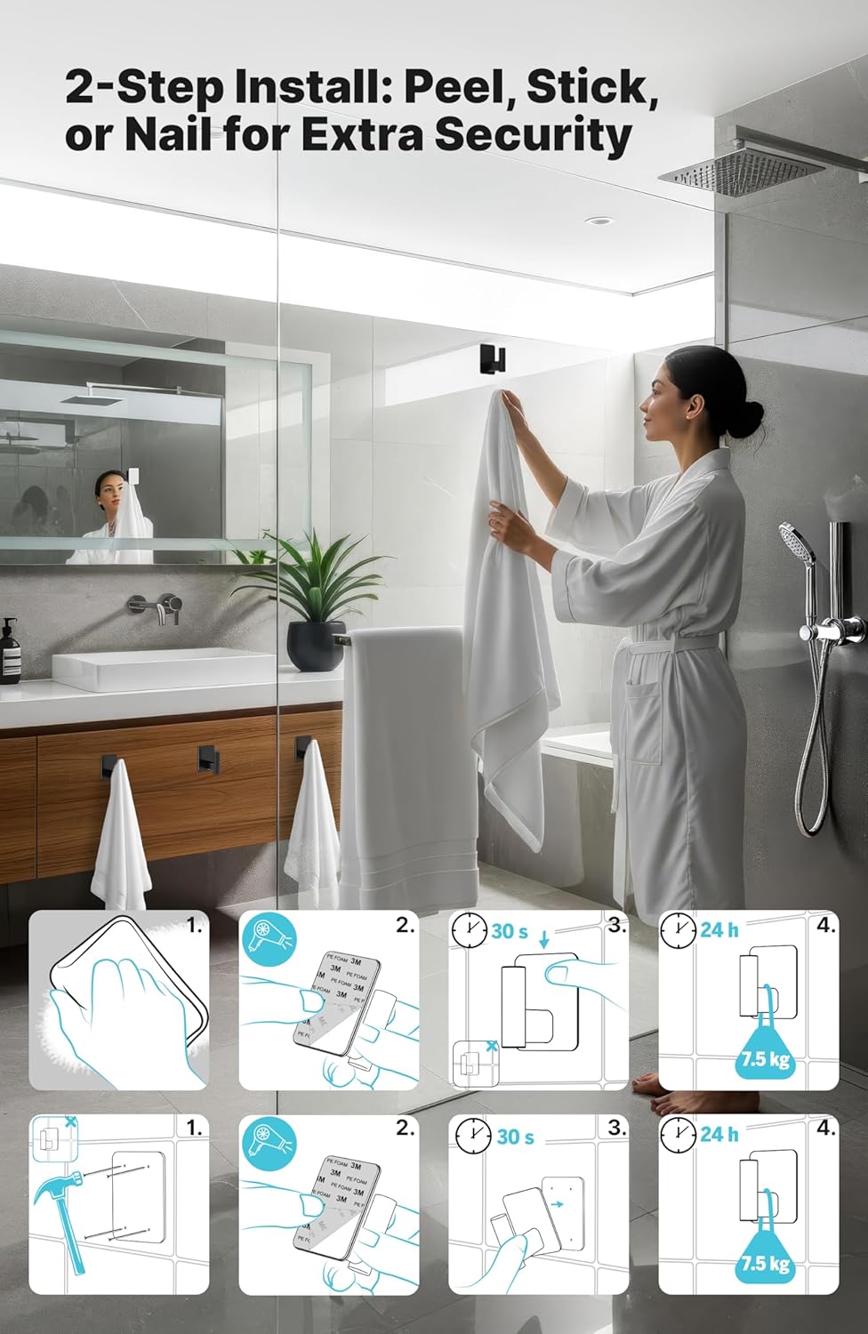 Detalle de Menz Extra-Large Self Adhesive Hooks (Set of 4) – heavy duty stick-on coat hooks with 3M waterproof tape