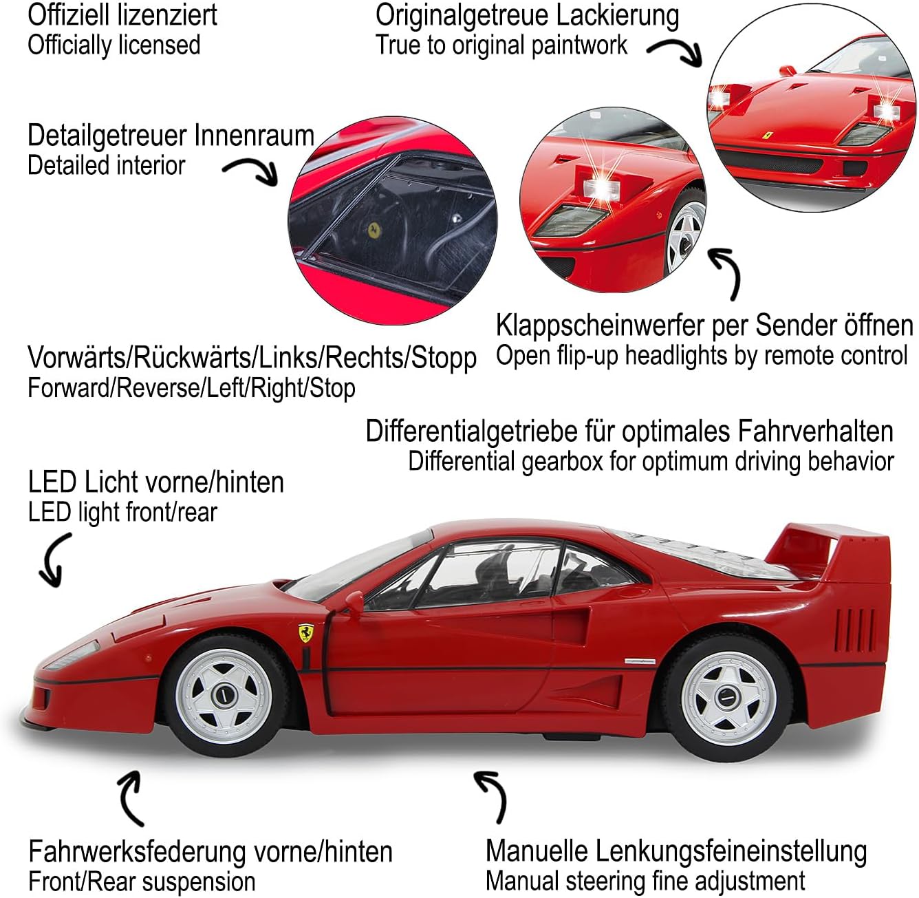 Detalle 2 de Jamara 405166 Ferrari F40 1:14 – samochód RC z oświetleniem LED