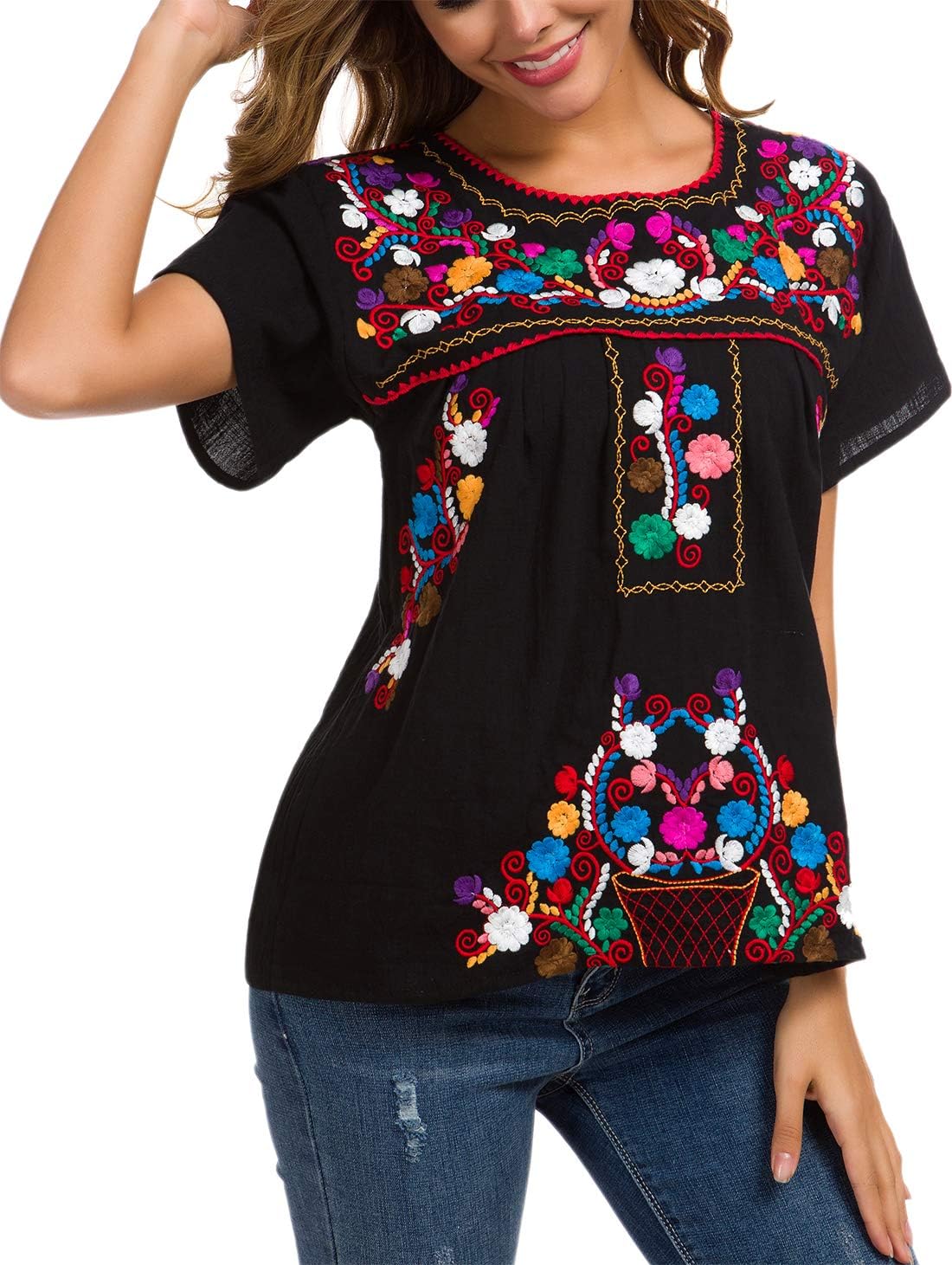 Thumbnail 4 de YZXDORWJ Women's Embroidered Mexican Peasant Blouse: Lightweight Cotton Boho Top for Summer