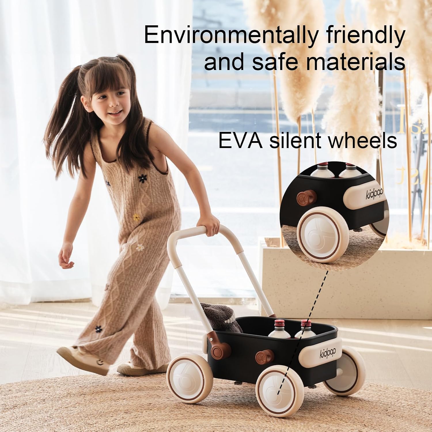 Detalle de Kidpop PULA Push & Pull Walker Wagon (Black) – 2-in-1 toddler balance wagon for learning to walk