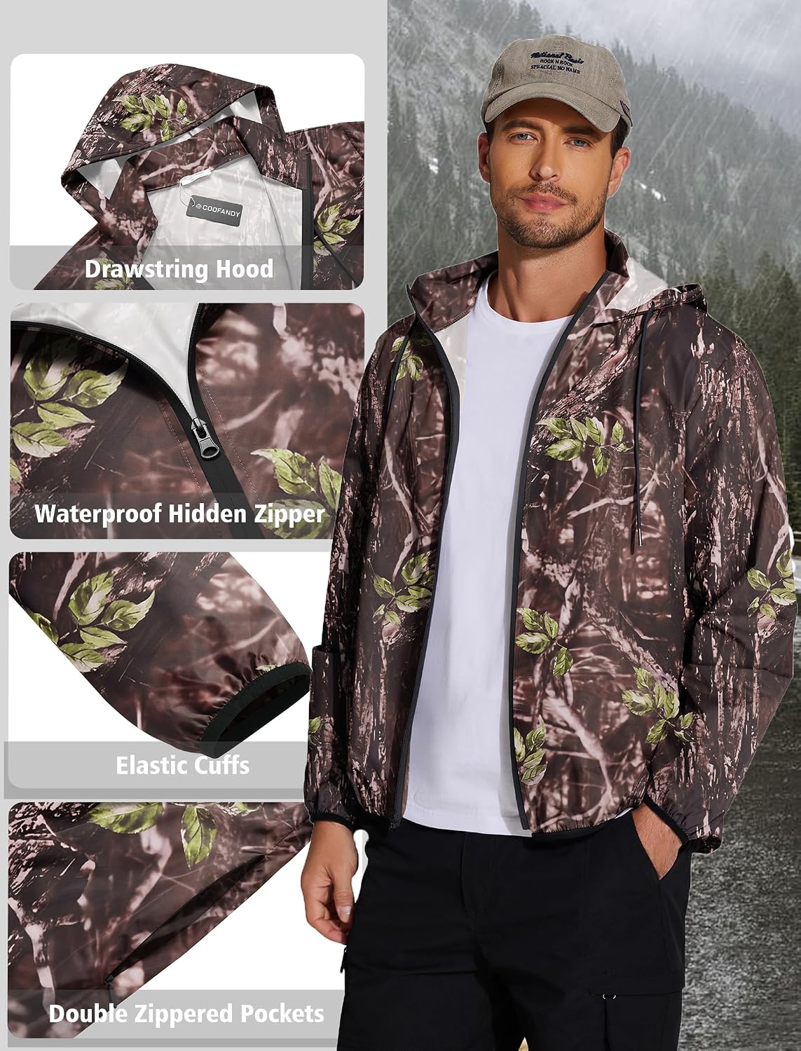 Detalle de COOFANDY Men's Light Rain Jacket with Hood — Packable Waterproof Raincoat for Outdoor Activities