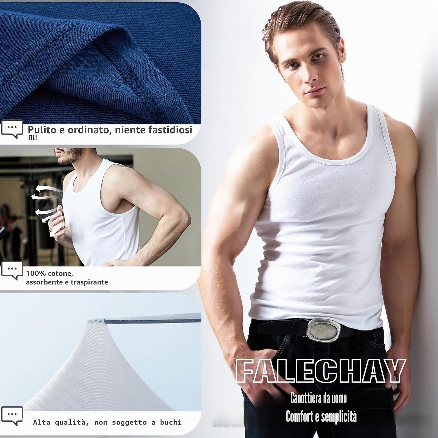 Detalle 2 de Falechay Canottiera Uomo Pacco da 5 – 100% Cotone Elasticizzato, Comfort e Vestibilità Attillata