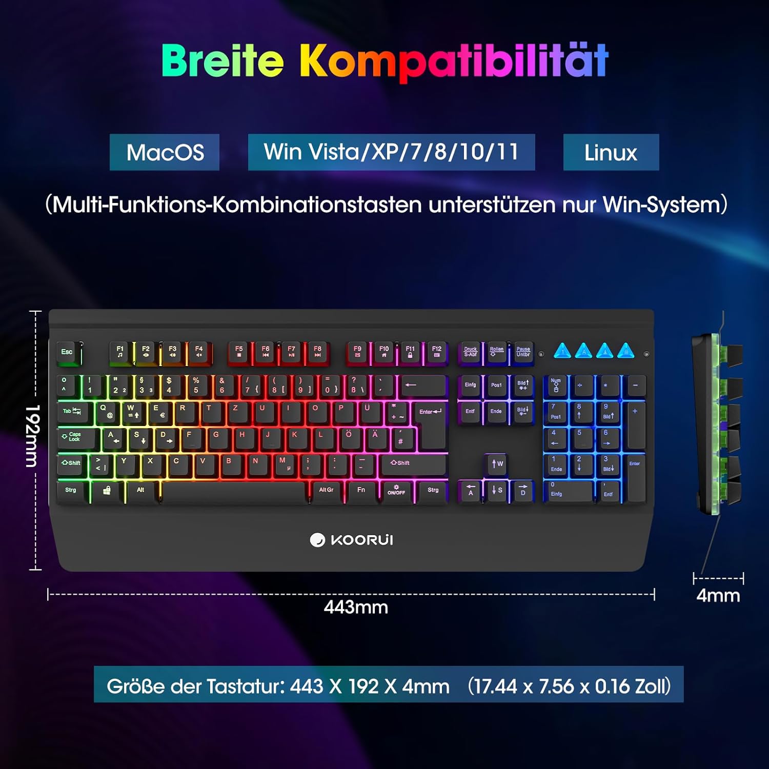Detalle de KOORUI Gaming Tastatur – Deutsches QWERTZ-Layout, 26-Knopf Anti-Ghosting, Spritzwasserschutz, RGB-Backlight und 12 Multimedia-Tasten