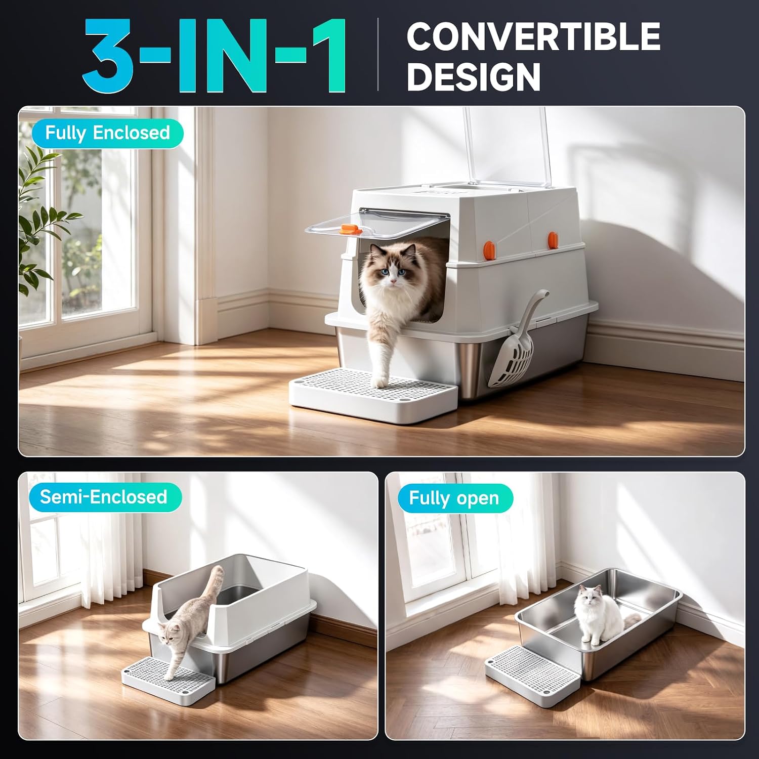 Detalle de OneBug MSP-XC-W605-Grey Convertible Cat Litter Box with Stainless Steel Pan