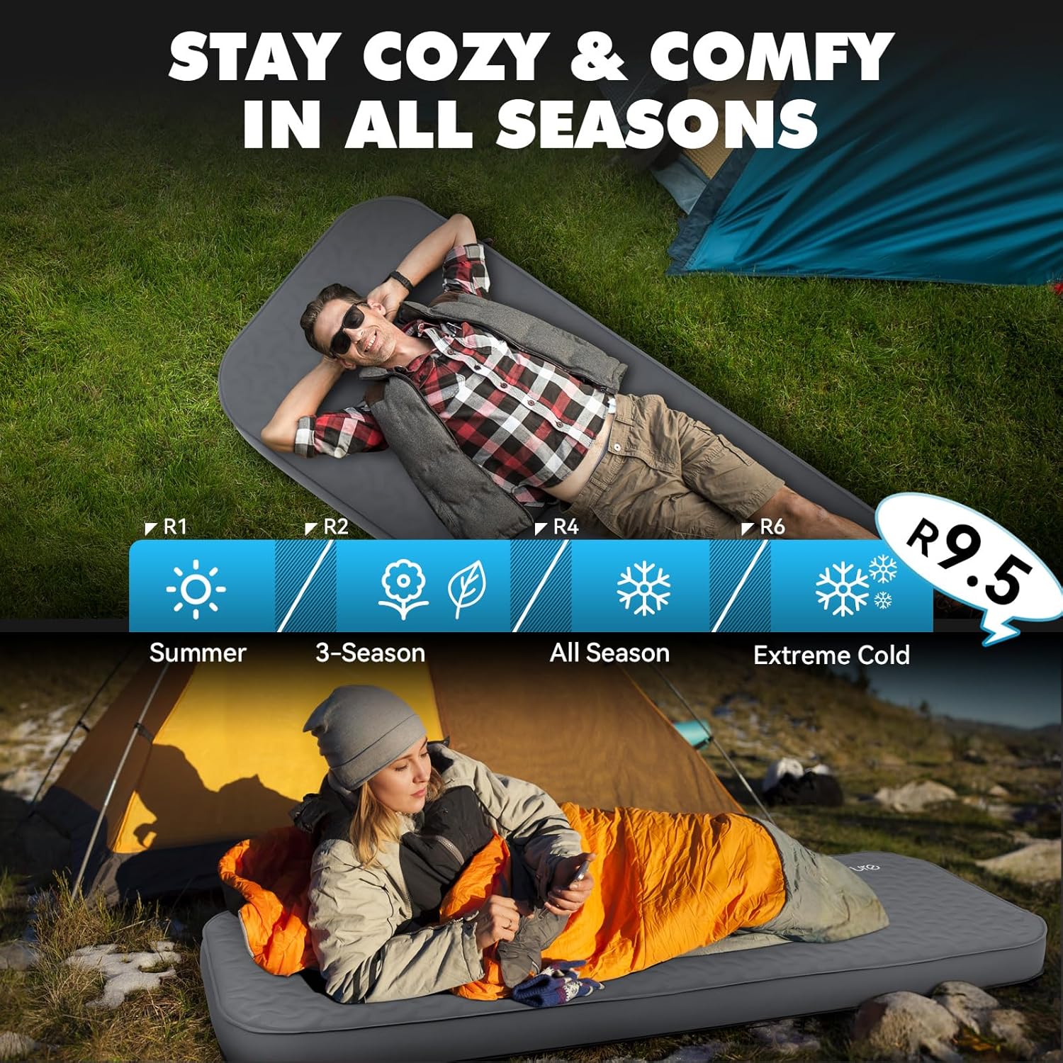 Thumbnail 1 de HIKENTURE Self-Inflating Sleeping Pad — 4" Thick, 9.5 R-Value, All-Season Camping Mat (Slate Grey, Single, 203x71x10cm)