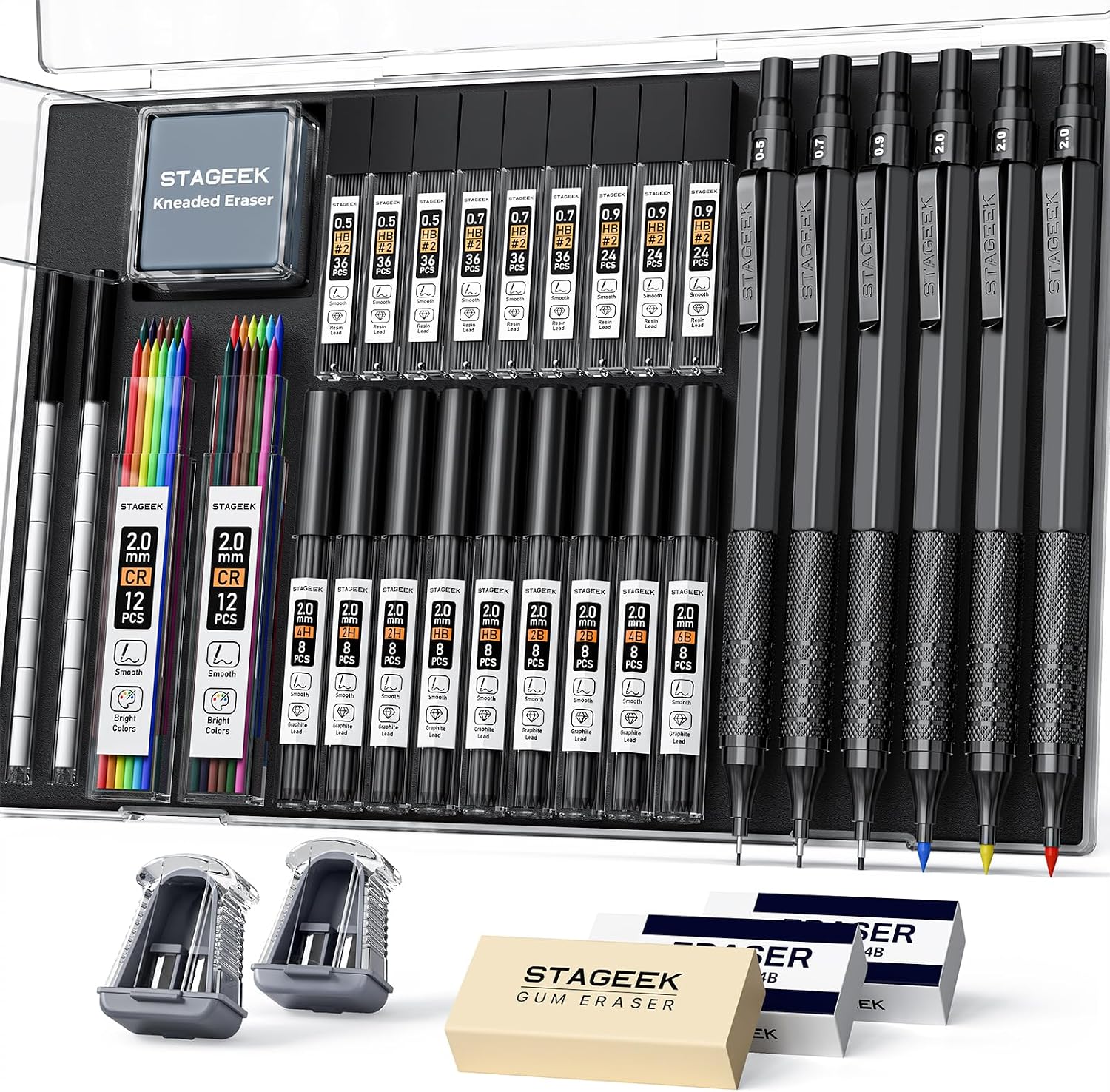 Detalle de STAGEEK 6-Stück Druckbleistift-Set – Metallgehäuse, 0,5/0,7/0,9/2,0 mm Minen, 384 Nachfüllminen, schwarz