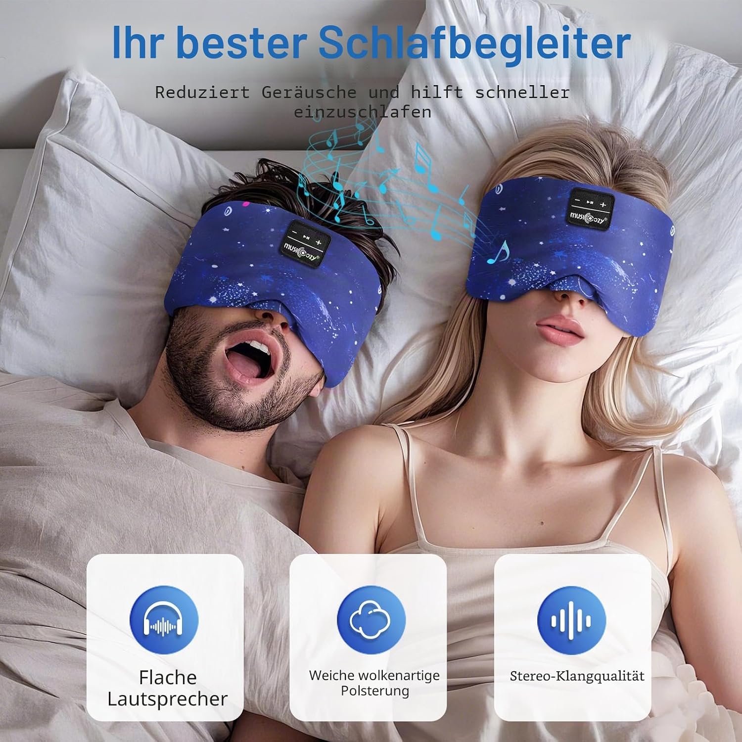 Detalle de Schlafmaske mit Bluetooth-Kopfhörern von Musicozy – 100% Verdunkelung, Seide & 360° Klang