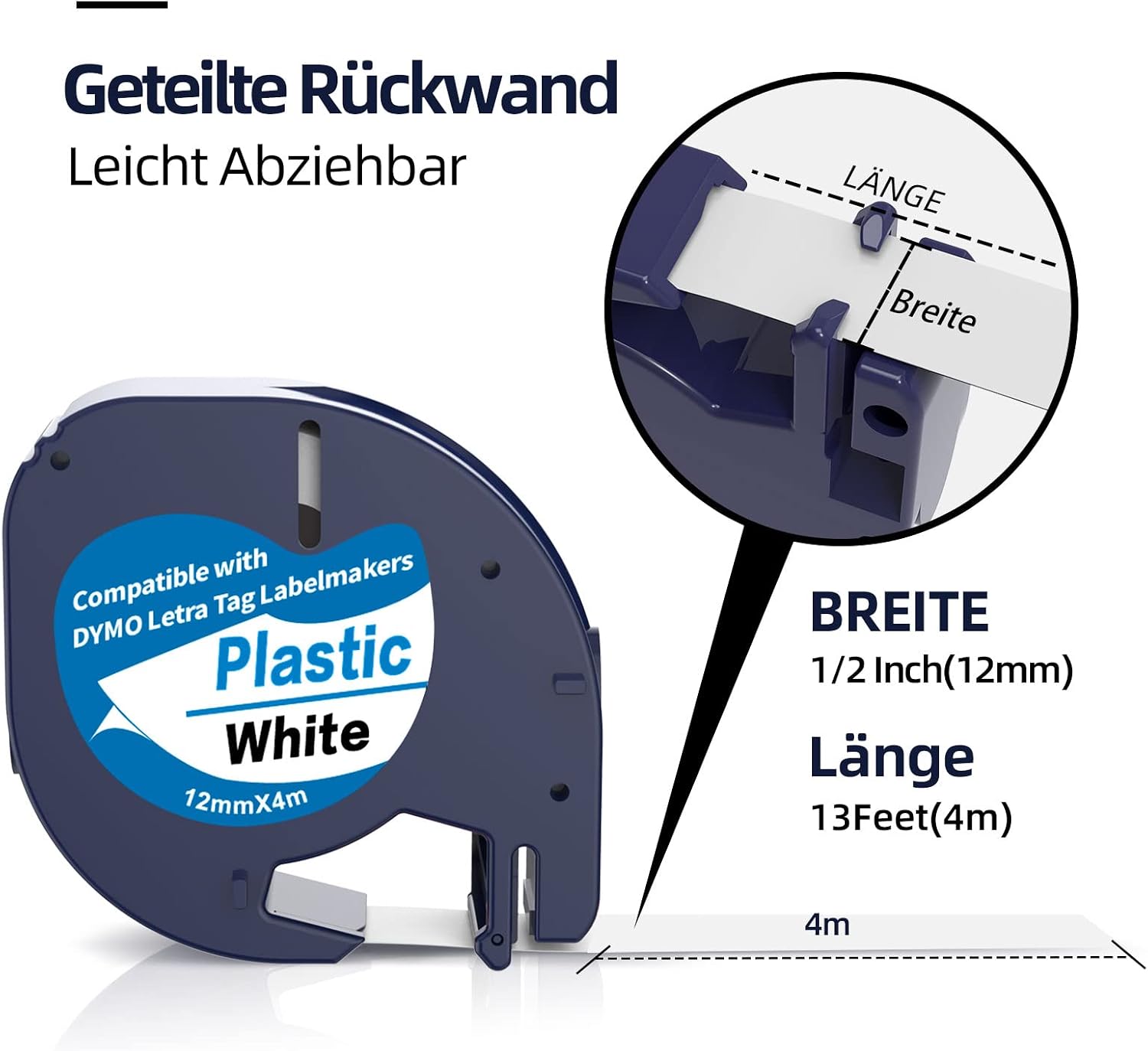 Detalle de 3er-Pack Kunststoff-Etikettenband für Dymo LetraTag, 12 mm (schwarzer Druck auf weiß/klare Schrift auf schwarz)