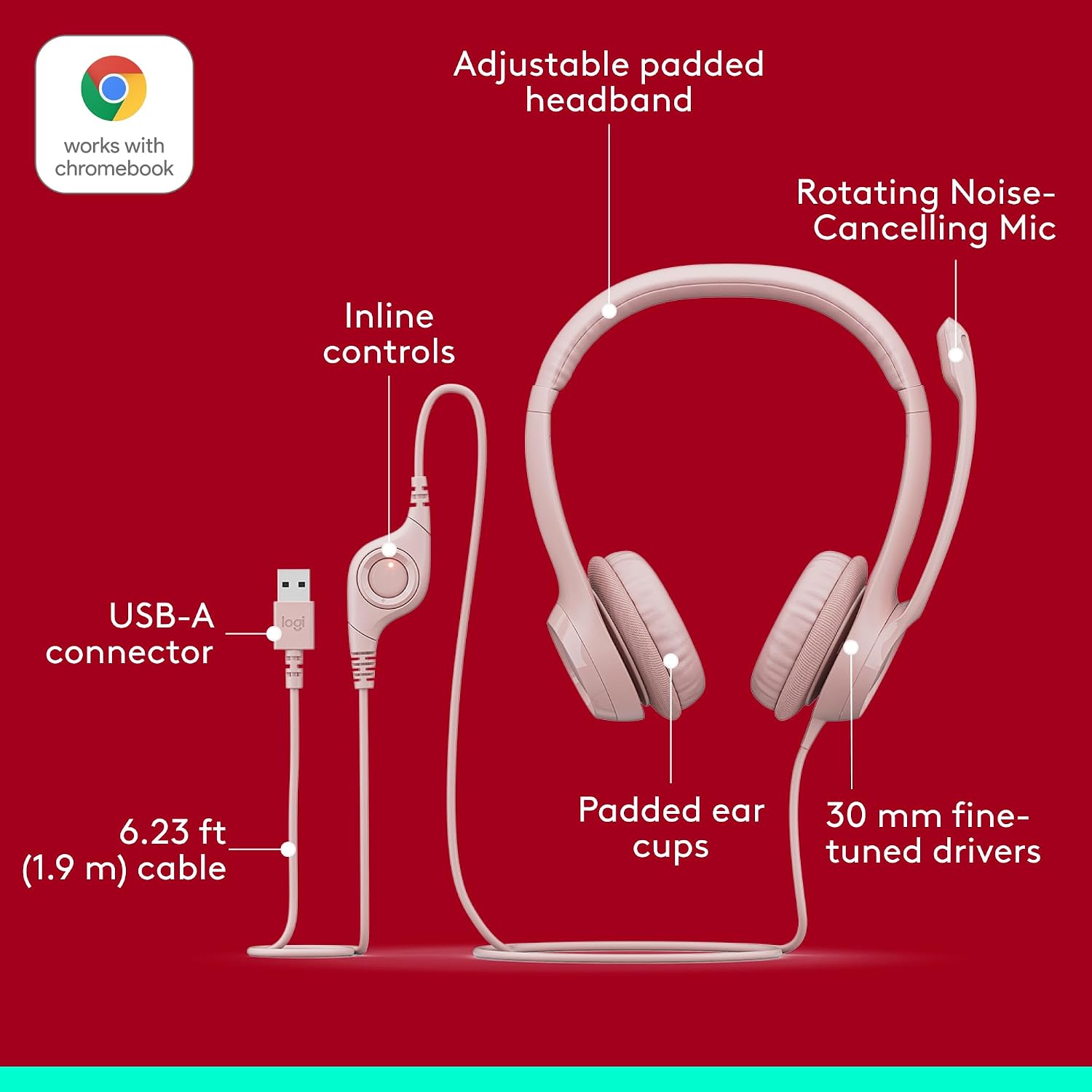 Detalle de Logitech H390 981-001280 Wired USB-A Headset, Rose, Stereo Sound