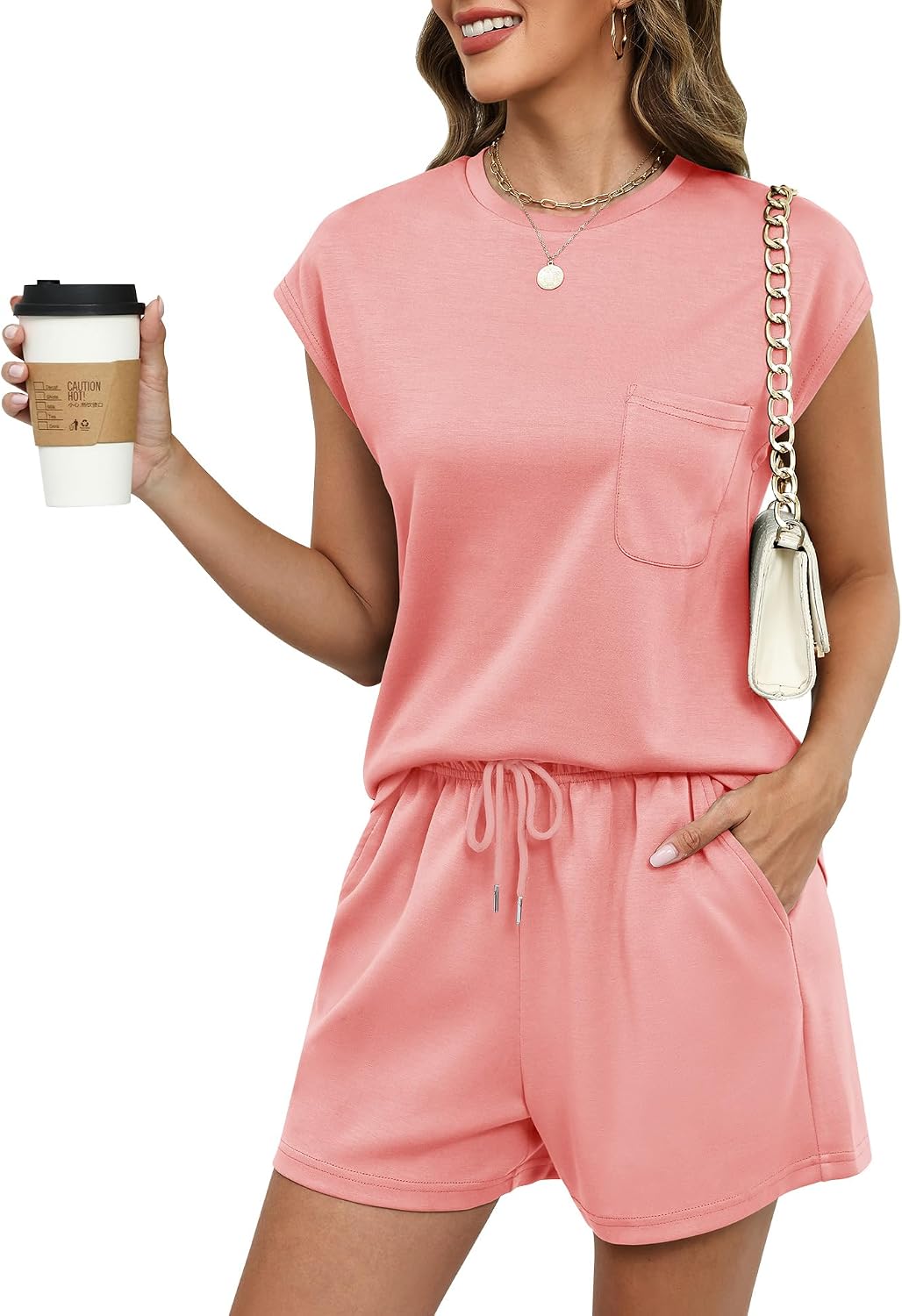 Detalle de Rapbin Women's Tracksuit Set: Two-Piece Loungewear with Cap Sleeve Top and Pocket Shorts