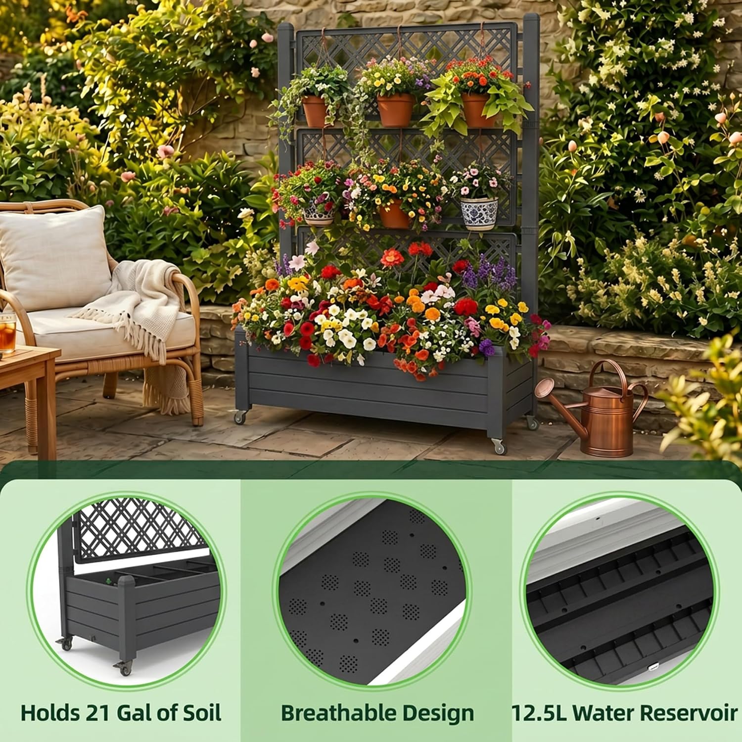 Detalle 1 de Raised Garden Bed with Trellis, Black