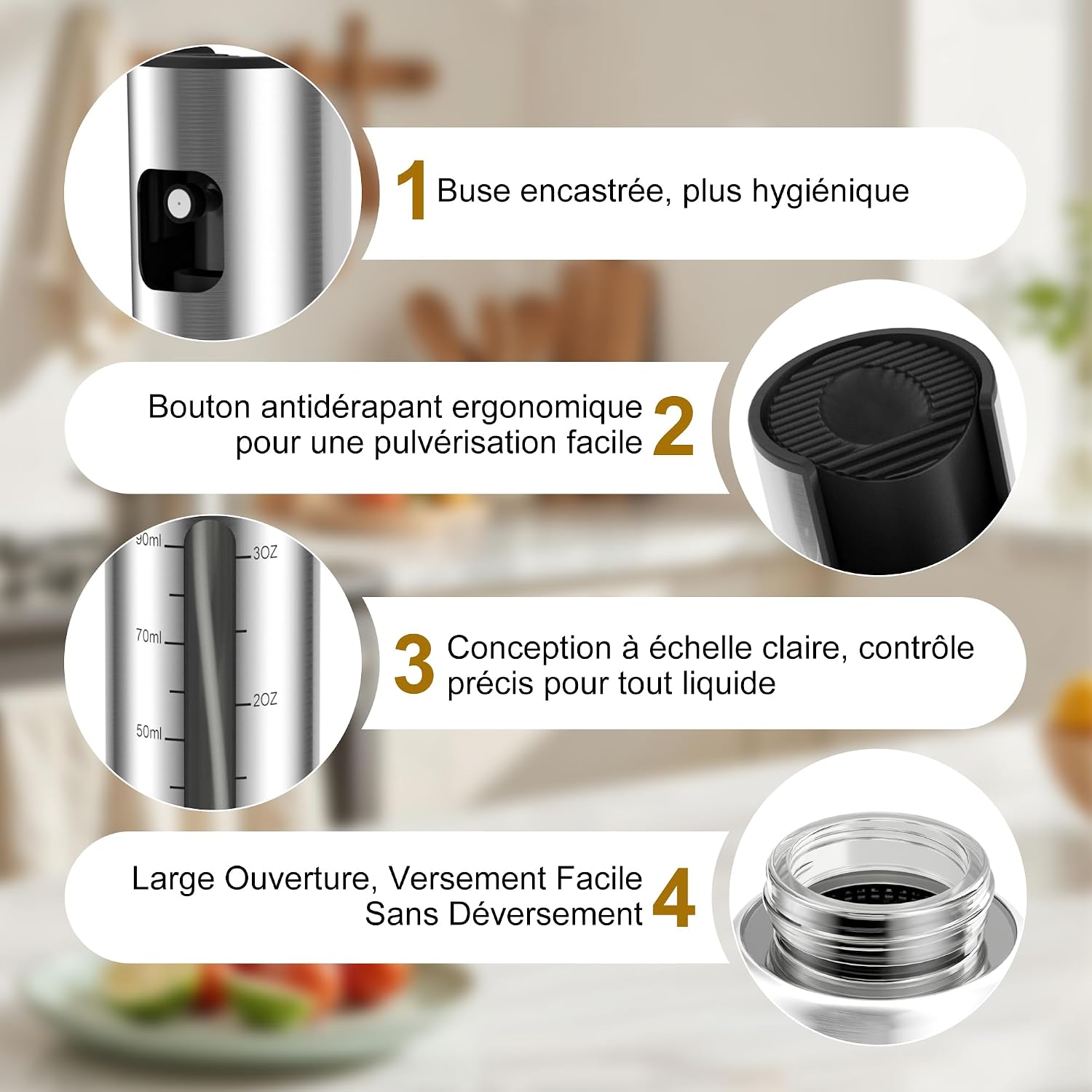 Detalle 2 de KitchenBoss Spray Huile Cuisine Pulverisateur 100ml (2 pièces) – Inox et Verre, pulvérisation précise