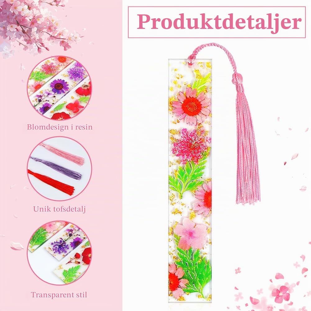 Thumbnail 2 de AUAUY 5571902 bokmärken i konstharts med blomtryck och tofsar, 3-pack