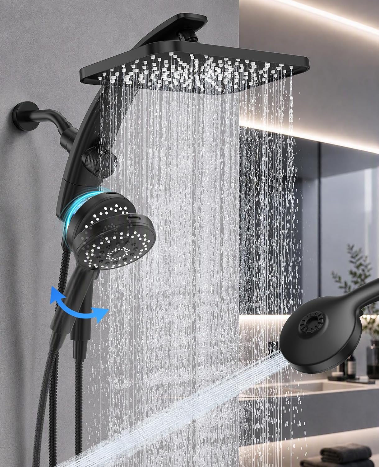 Detalle de Veken SHC3V402 12-Inch Rain Shower Head with Magnetic Handheld, Matte Black